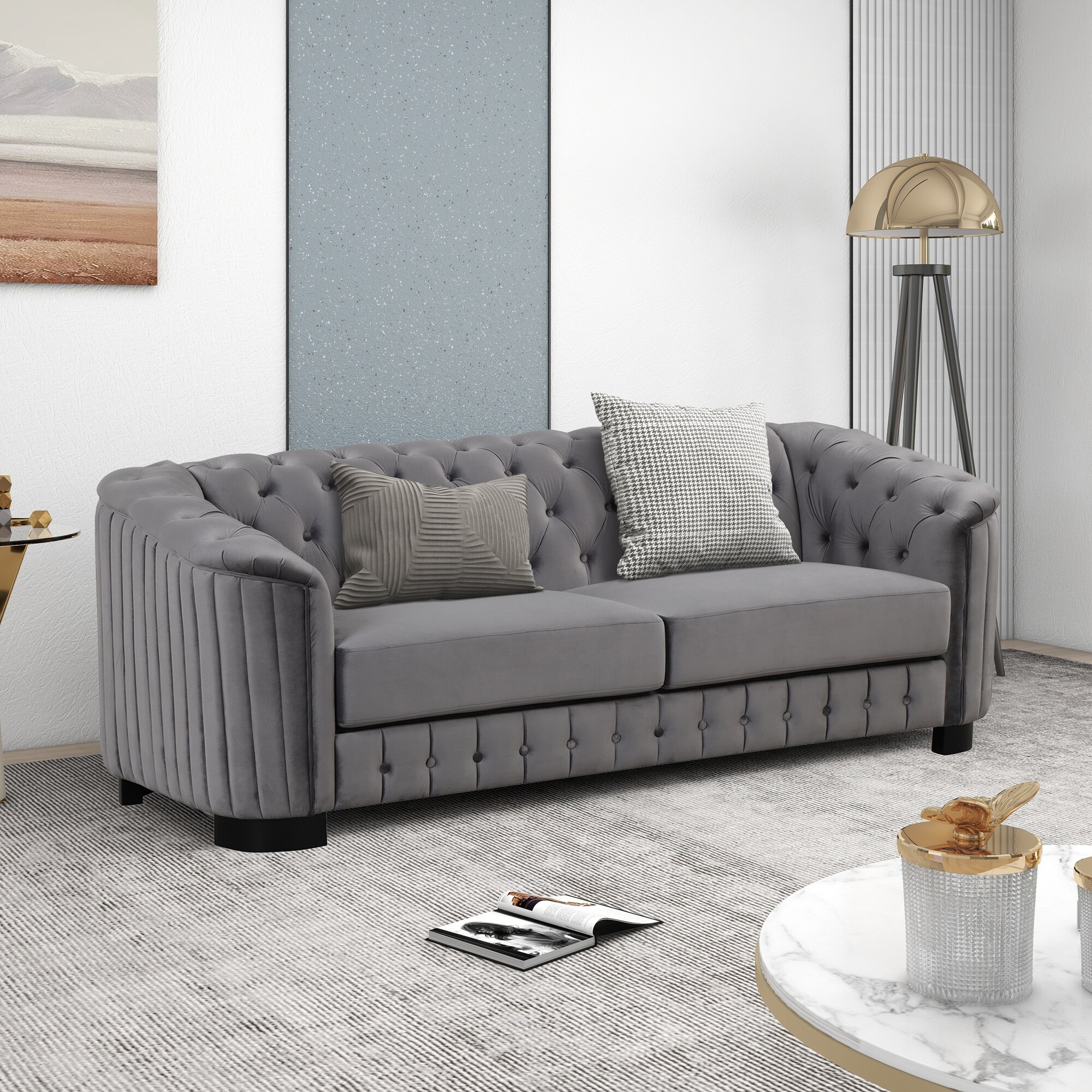 Clihome Sectional sofa Modern 9-Piece Velvet Gray Living Room Set in ...