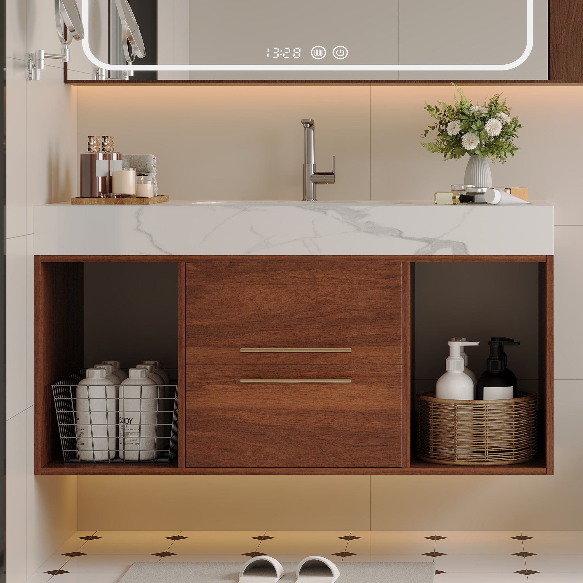 Forclover Modern 39.4-in Walnut Undermount Single Sink Bathroom Vanity with White Sintered Stone Top
