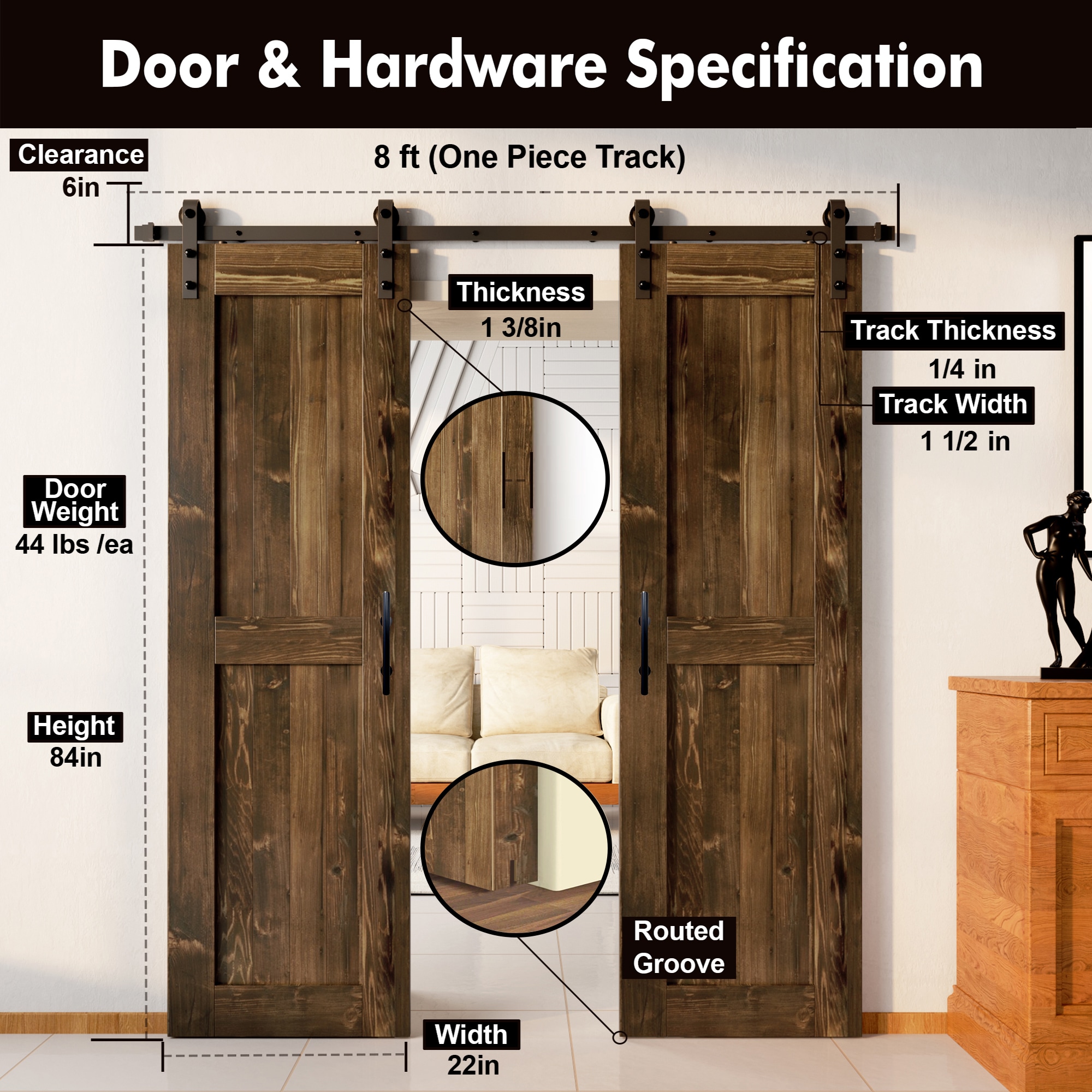 HOMACER YT2TGH096C-2284-H-WA Barn-Doors - View #7