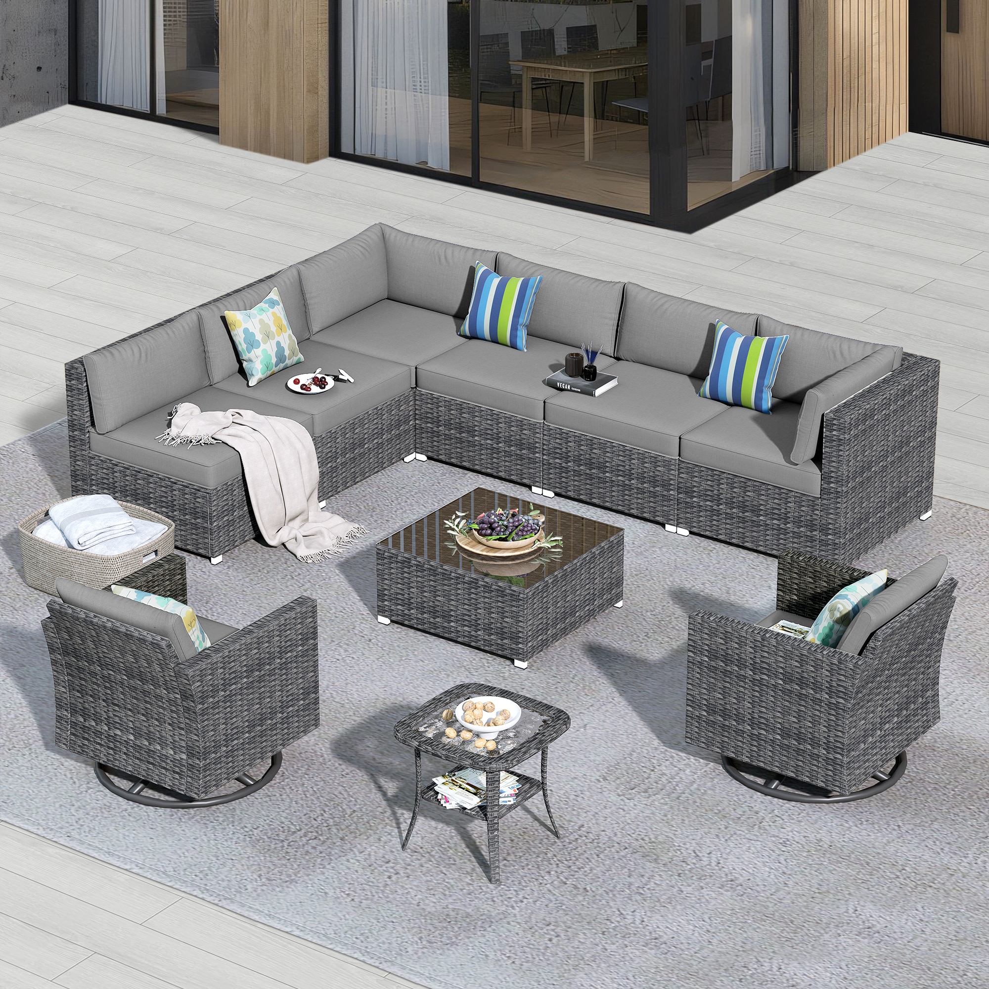 Pouuin SYZHOP208 Wicker Outdoor Sectional with Dark gray Cushions and Wicker Frame