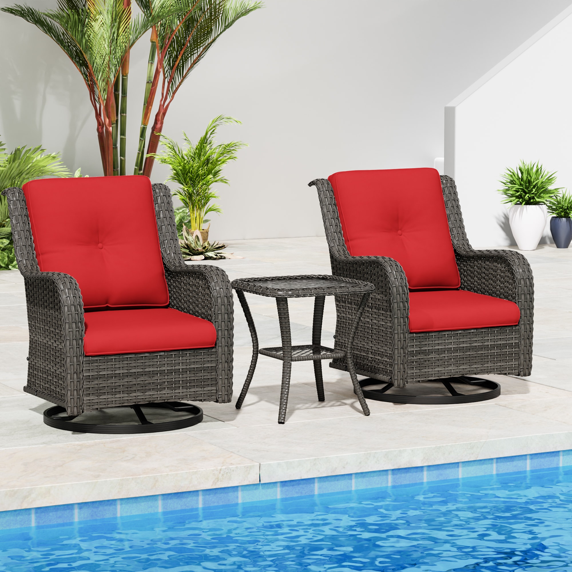 Gardenbee HGL-M01-RED 3 -Piece Wicker Patio Conversation Set with Red Cushions