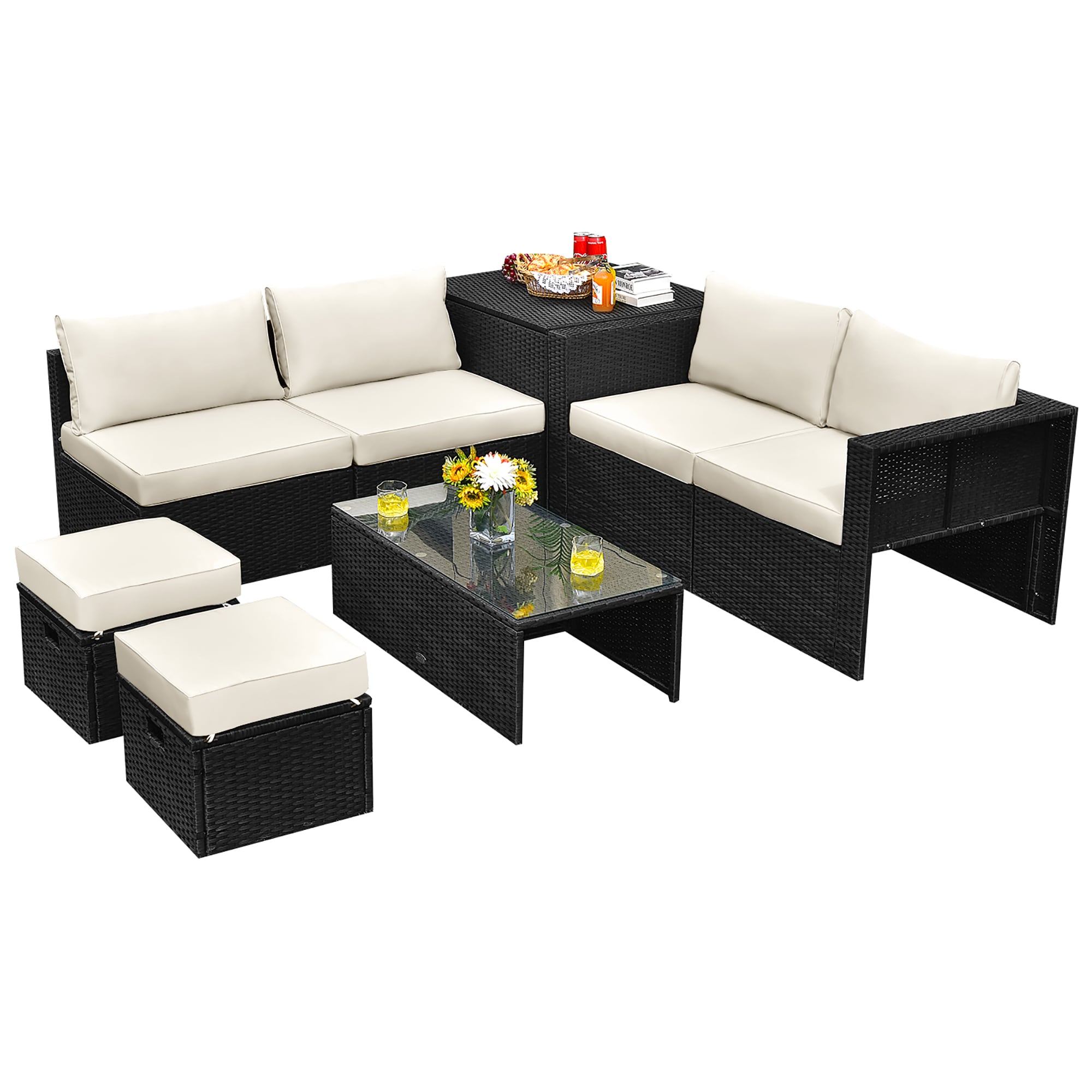 Costway LWS00843 8-Piece Rattan 4 Patio Conversation Set with White Cushions