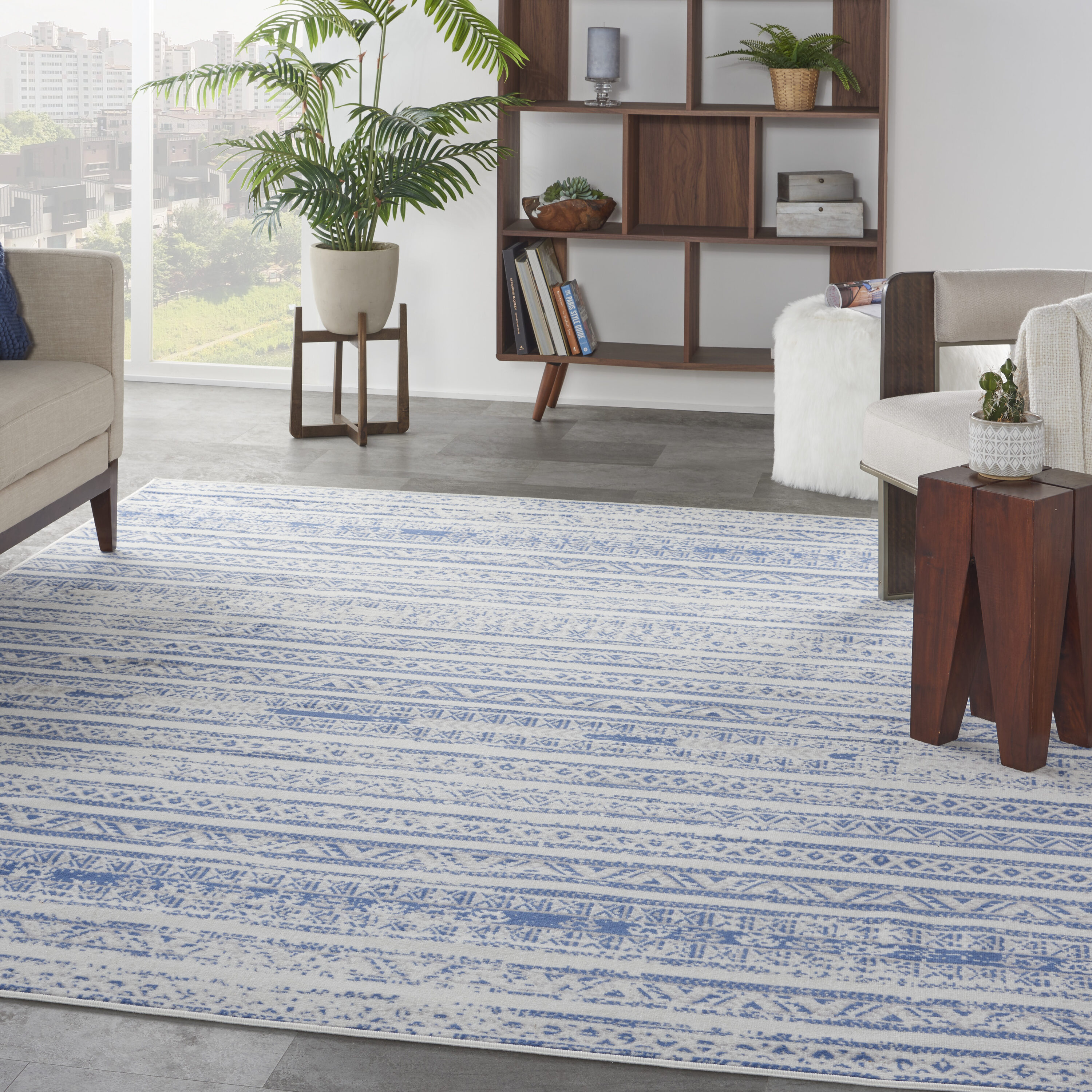 Nourison 99446834799 Whimsicle 8 x 12 (ft) Loomed Ivory Blue Rectangular Indoor Distressed/Overdyed Area rug