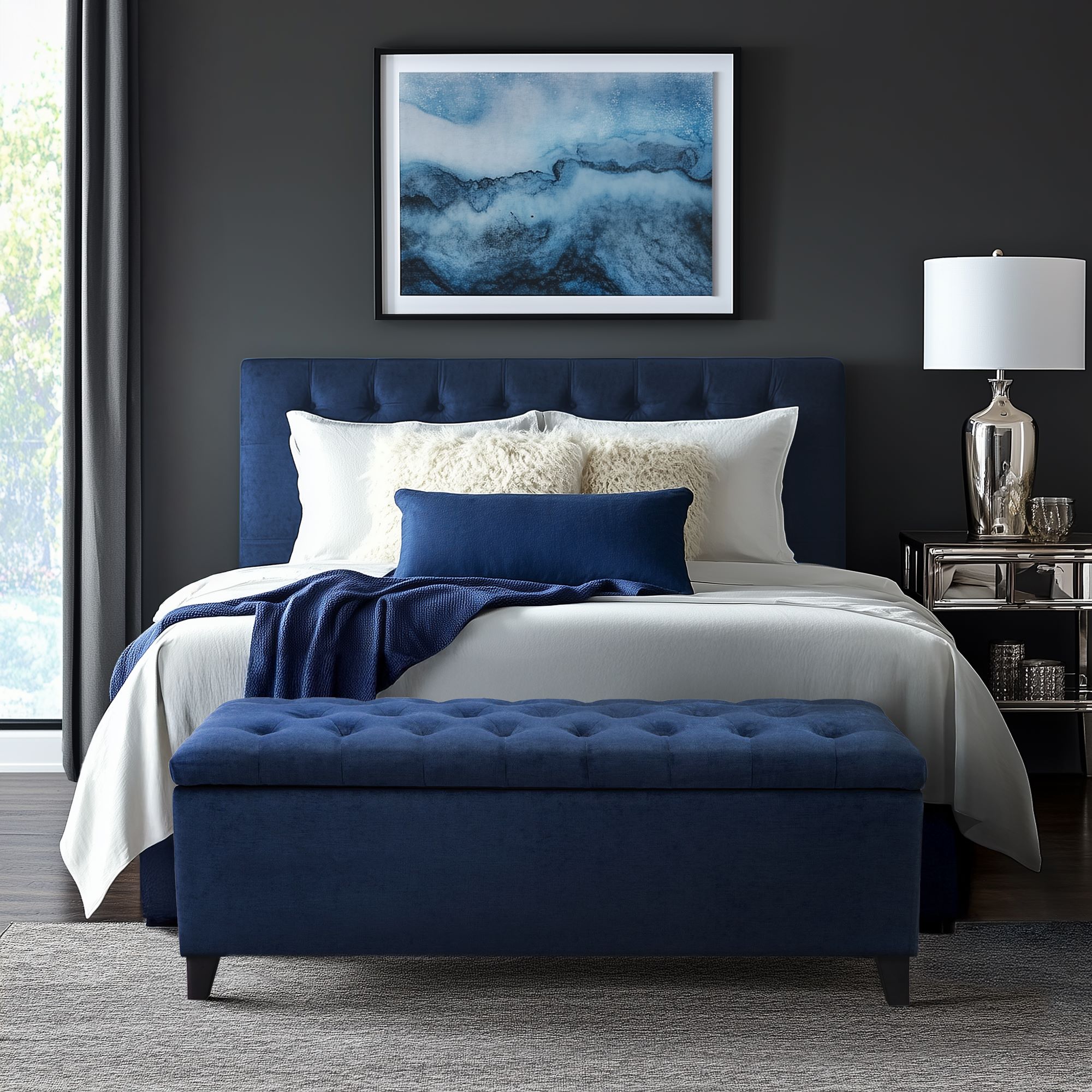 Madison Park Sasha Modern Navy Storage Bench with Storage 49-in x 19.25-in x 18.5-in