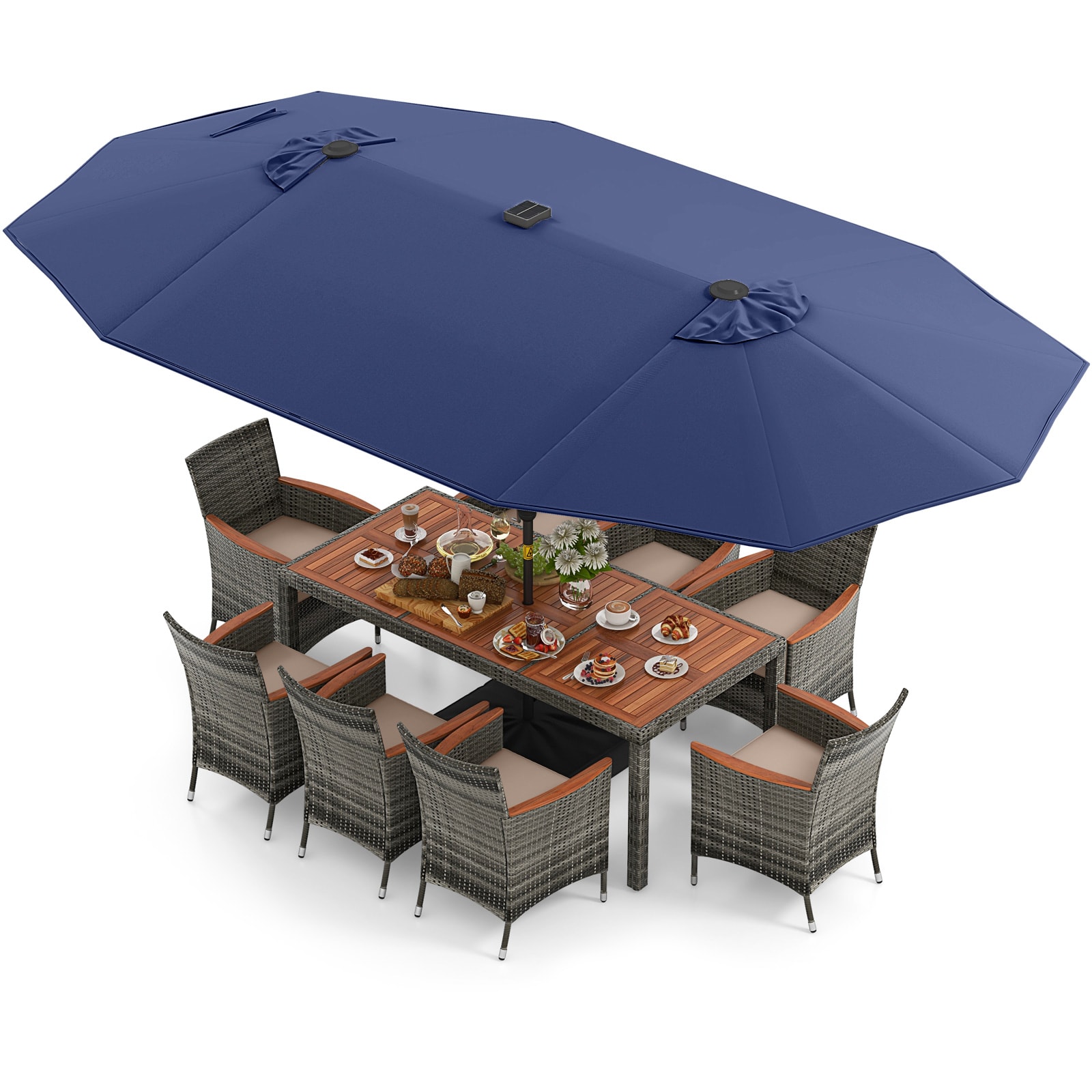  AA368816NY 11 -Piece Mix Gray Rattan Patio Dining Set Wood Rectangle Table with 8 Beige Cushions Stationary Chairs and Umbrella Included