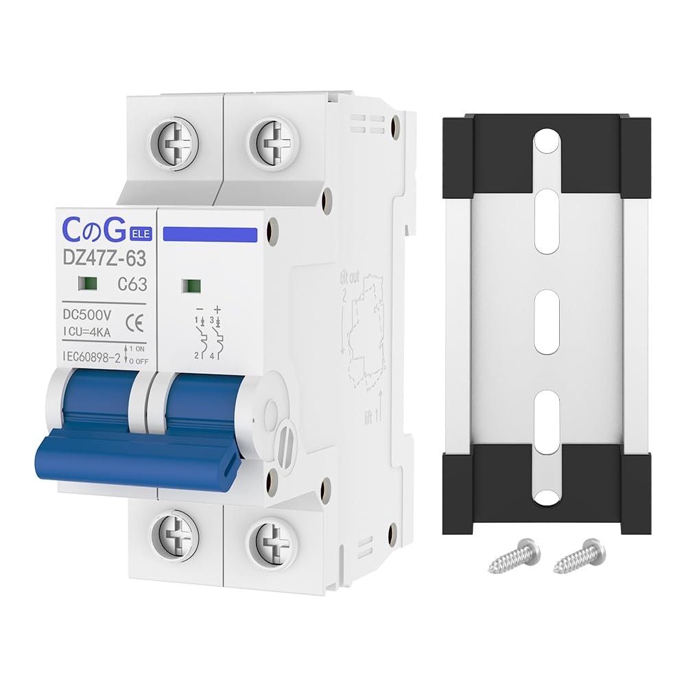 Etokfoks  63 Amp 500 Volt DC 2 Pole Din Rail Mount Thermal Magnetic Circuit Breaker for Solar PV
