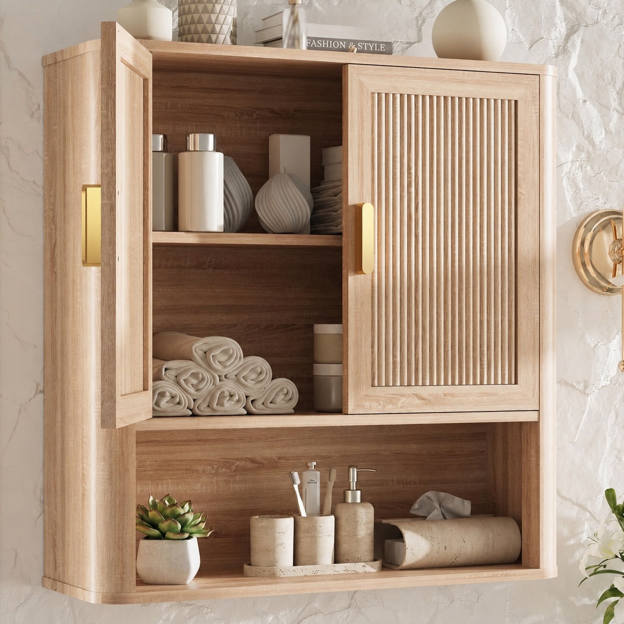 KIWDZFU  Bathroom Wall Storage Cabinet with Adjustable Shelf and Doors Over Toilet Organizer for Laundry Room Kitchen Living Room Natural Oak