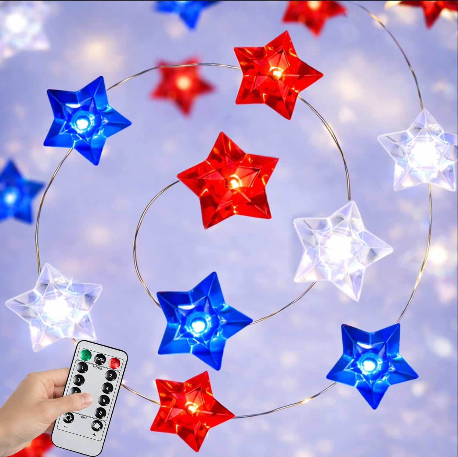 Afoxsos - 4th of July Decorations String Lights with Remote Timer 10 ft 40 LEDs Red White Blue P...