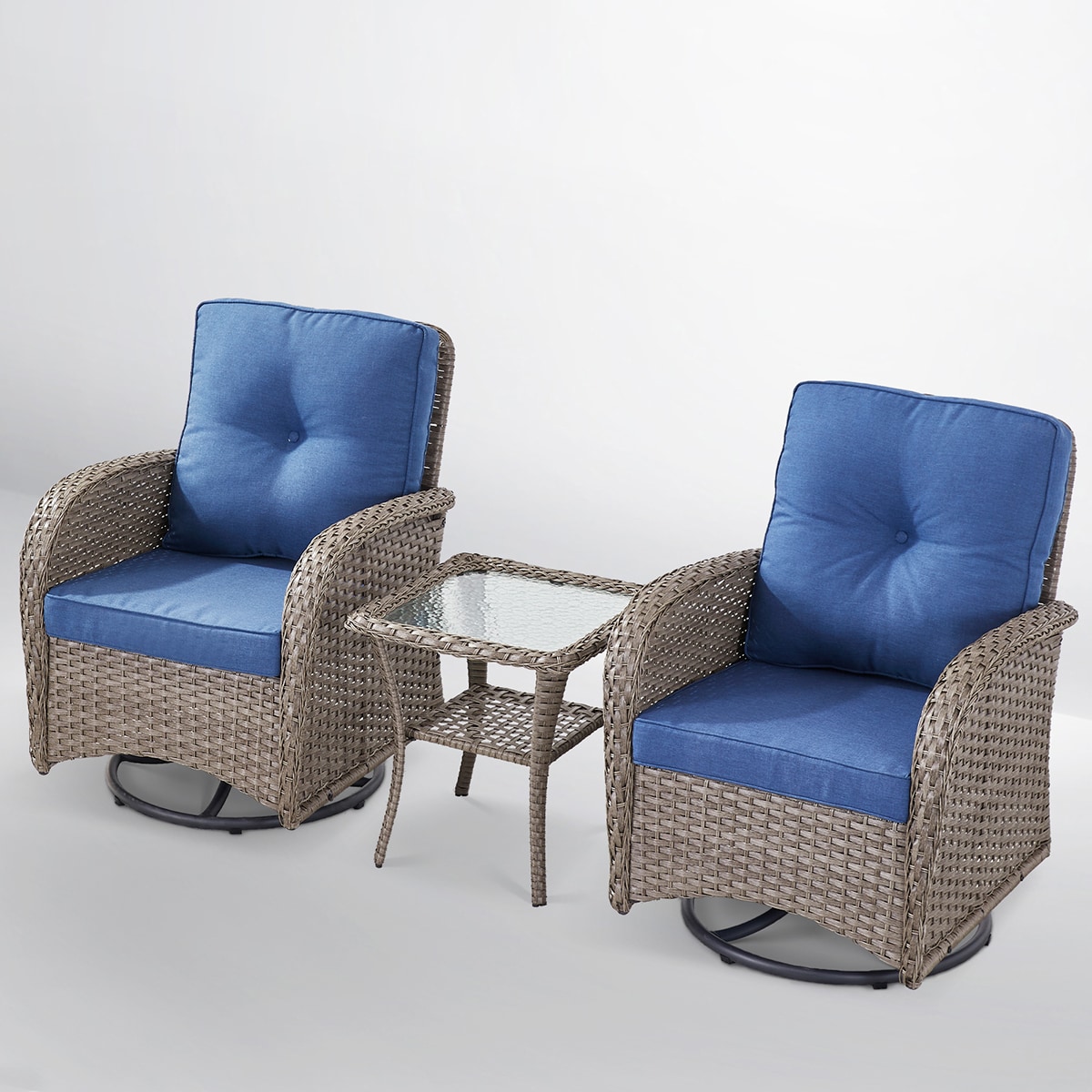 Rilyson FSKWGY2060-1 New Juno Set of 2 Wicker Gray Wicker Frame Swivel glider Conversation Chair with Blue Blue Cushioned Seat