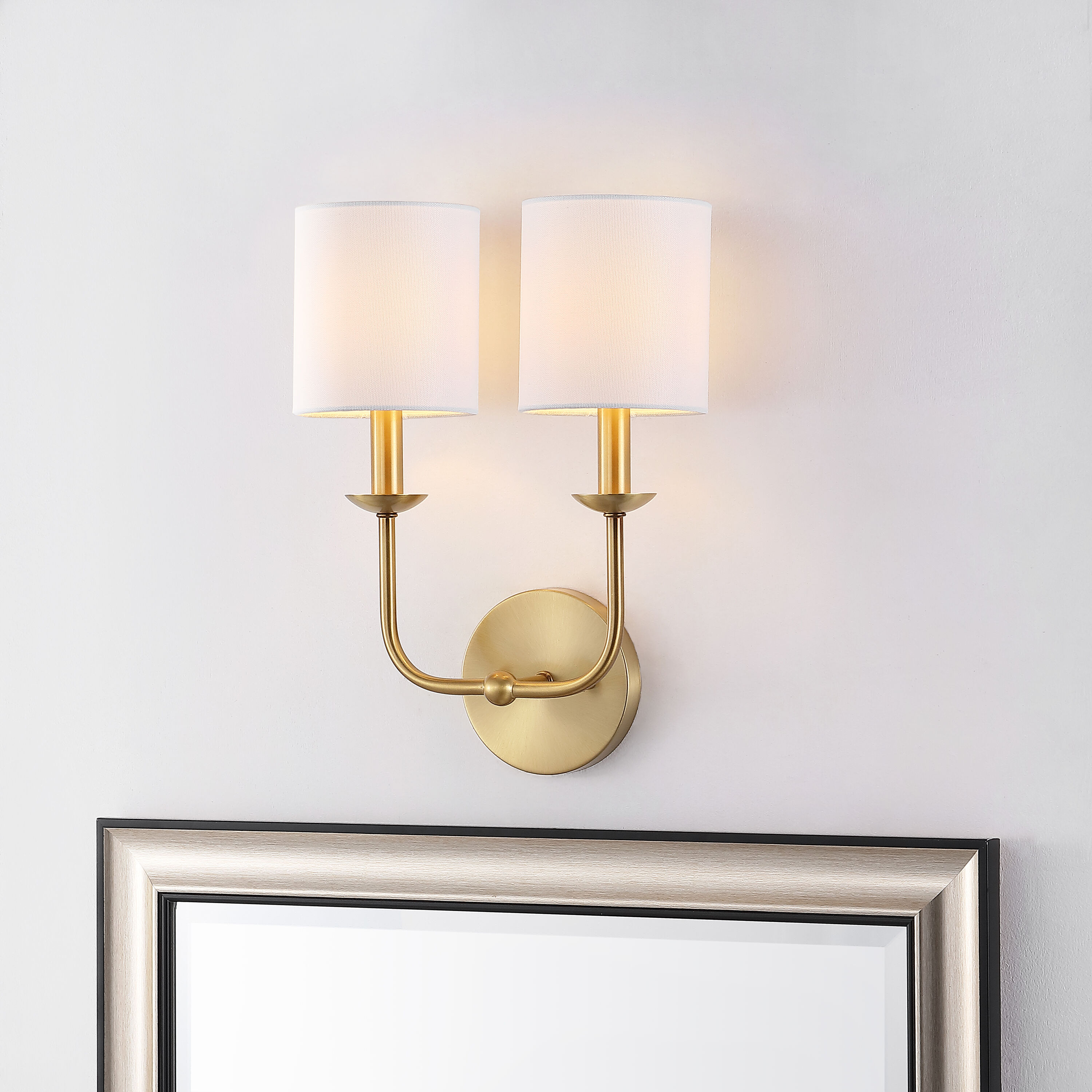 Ferrara Gold Twin Lamp Wall Sconce with White Shades