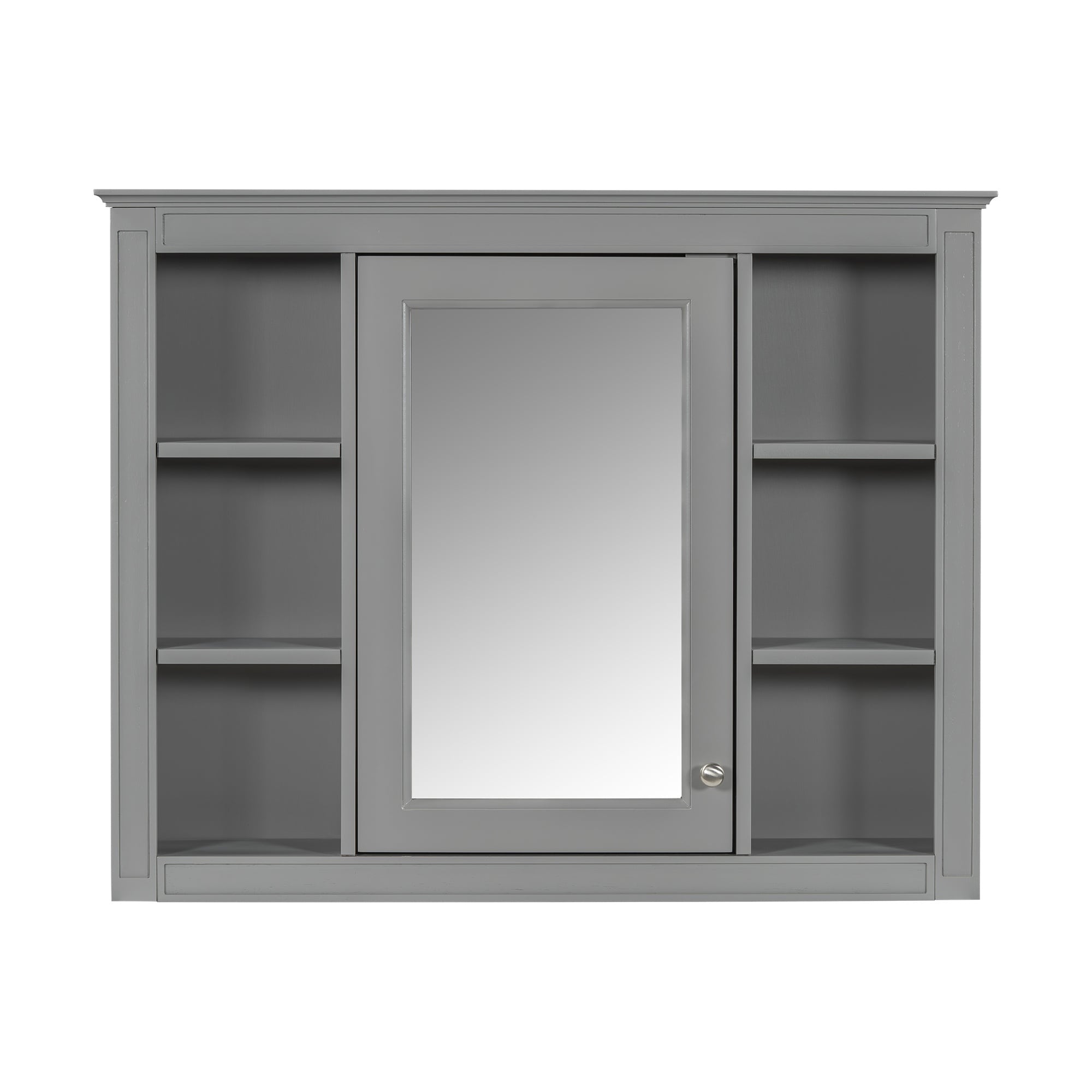 LIVACA - 35 inch x 28 inch Grey MDF Wall Mounted Medicine Cabinet with Mirror and 6 Open Shelves