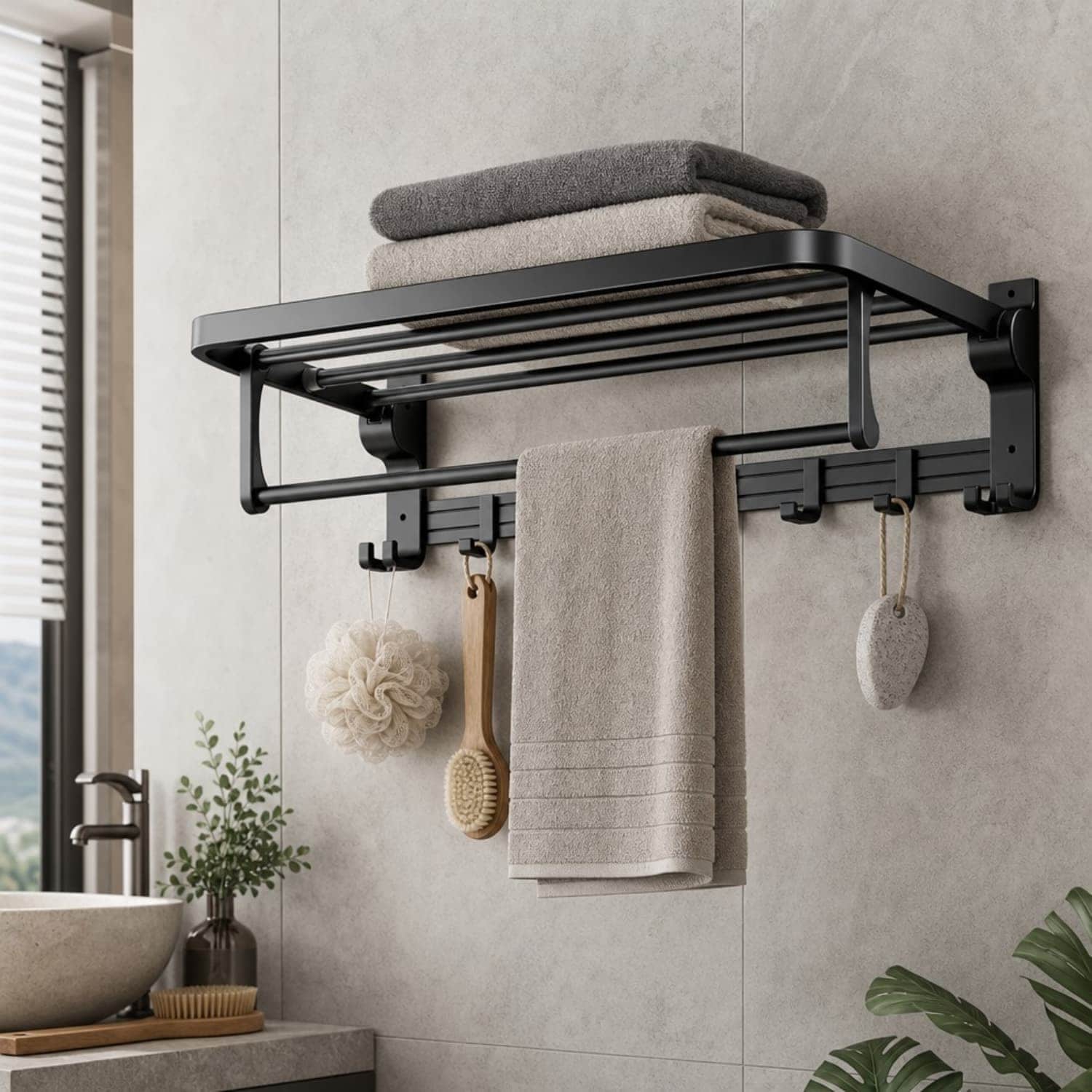 OGETFUUR 24 Inch Matte Black Towel Rack with Towel Bar Holder Foldable Towel Shelf for Bathroom