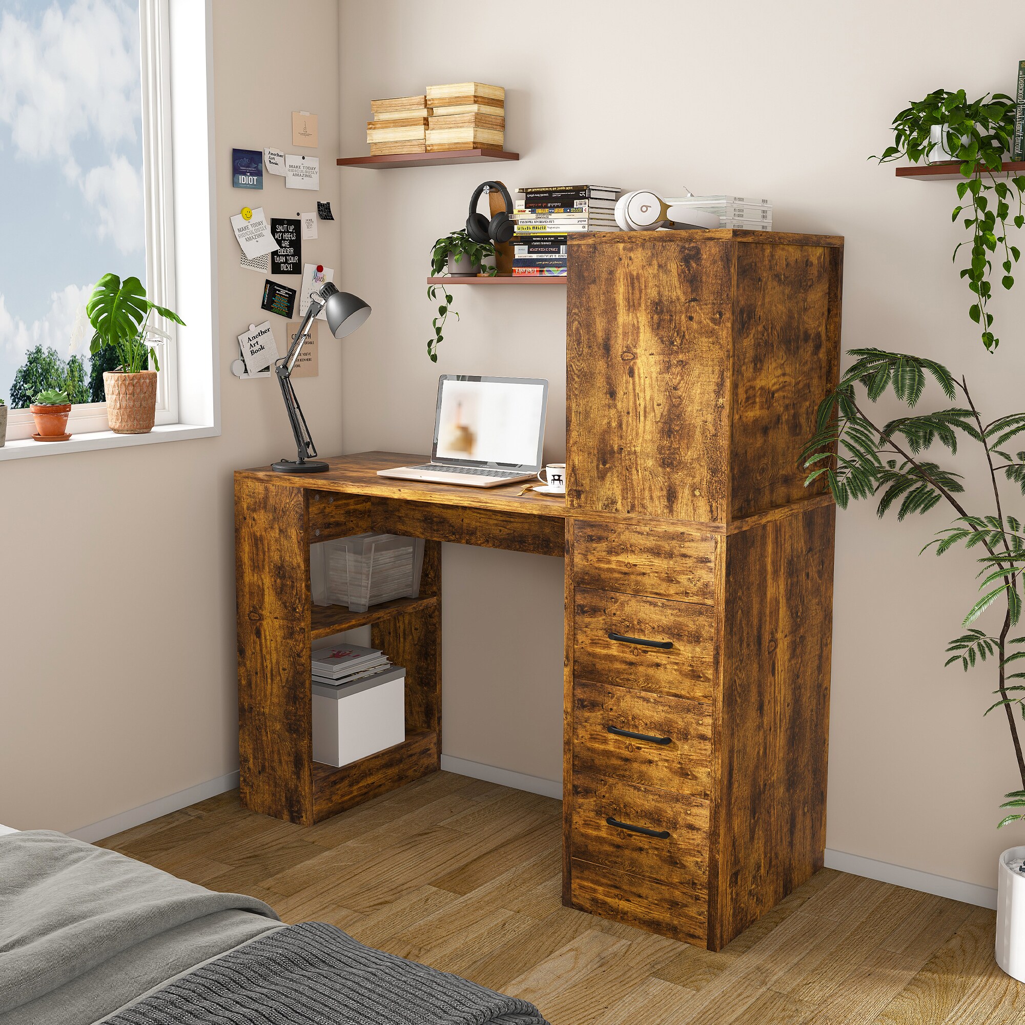 Blisstyle Computer Desk with 4 in 1 Socket 3 Drawers 4 Tier Storage ...