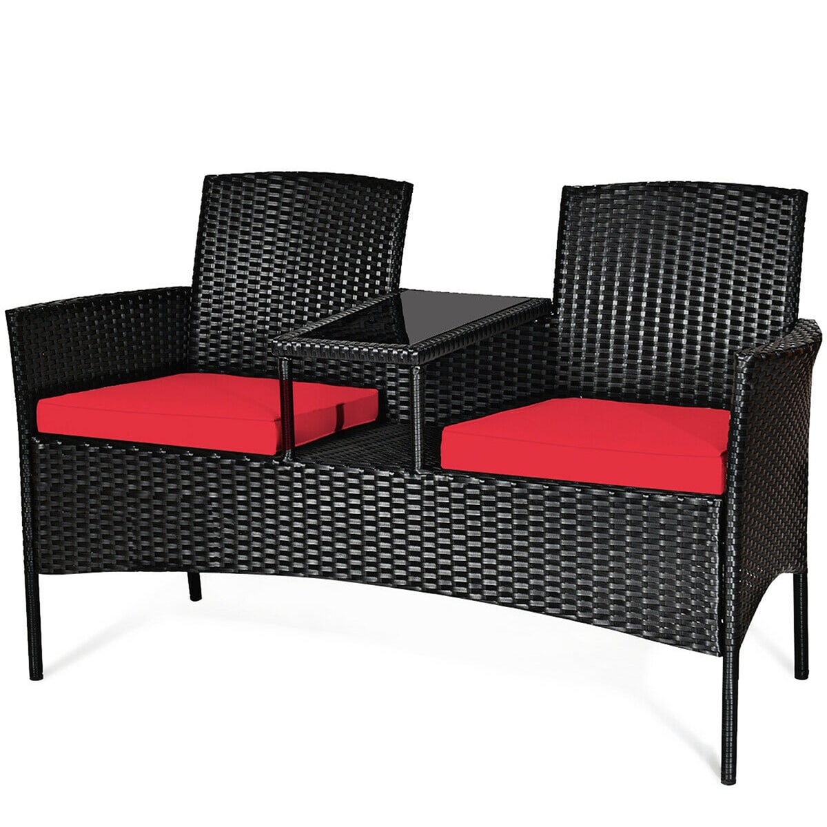 Compact Black Wicker Patio Loveseat with Red Cushions and Glass Table