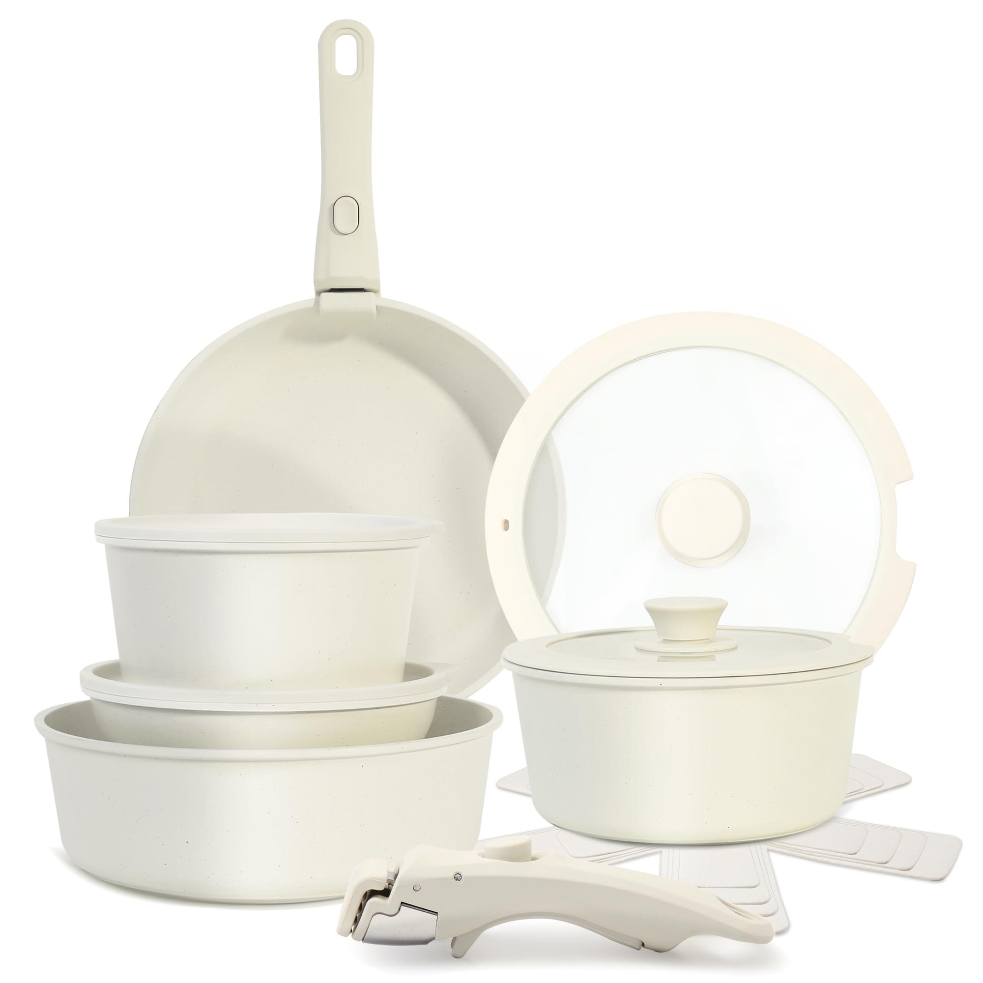 Aoibox  15 Piece Cream White Ceramic Nonstick Detachable Handle Cookware Set with Frying Pans Saucepans and Saute Pan