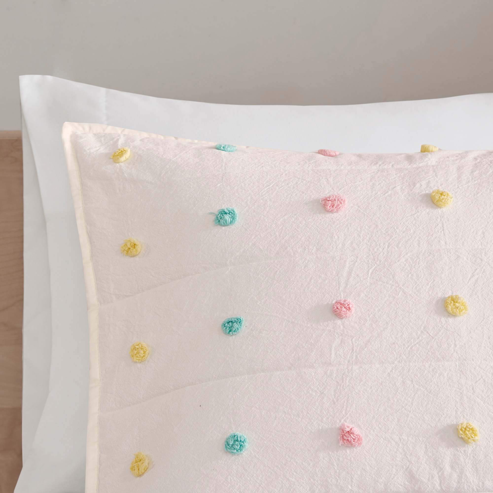 Callie Pom Pom Cotton Jacquard Full/Queen Quilt Set in Cream/Aqua/Teal