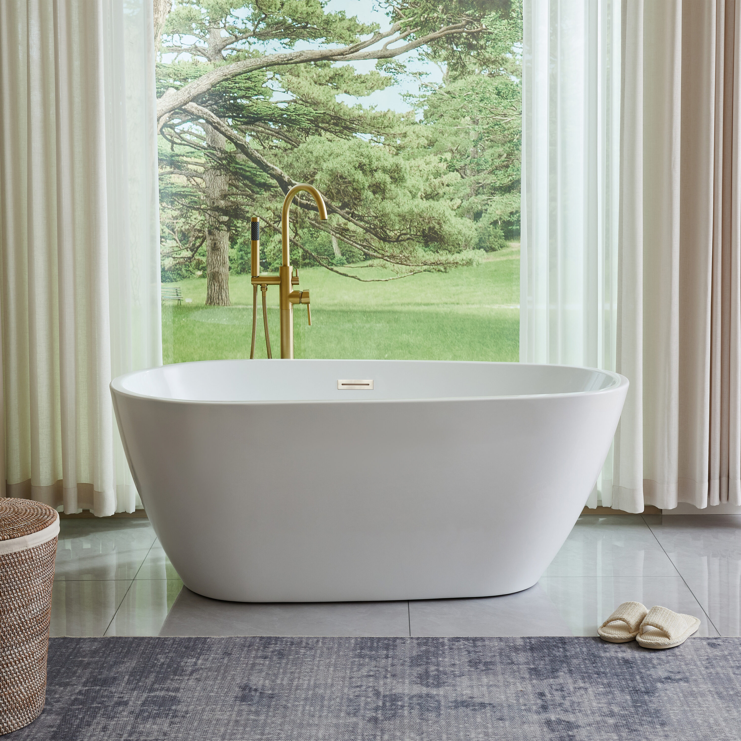 Vanity Art VA6515-L-BN 32-in x 67-in White/Brushed Nickel Acrylic Oval Freestanding Soaking bathtub ( Center Drain )