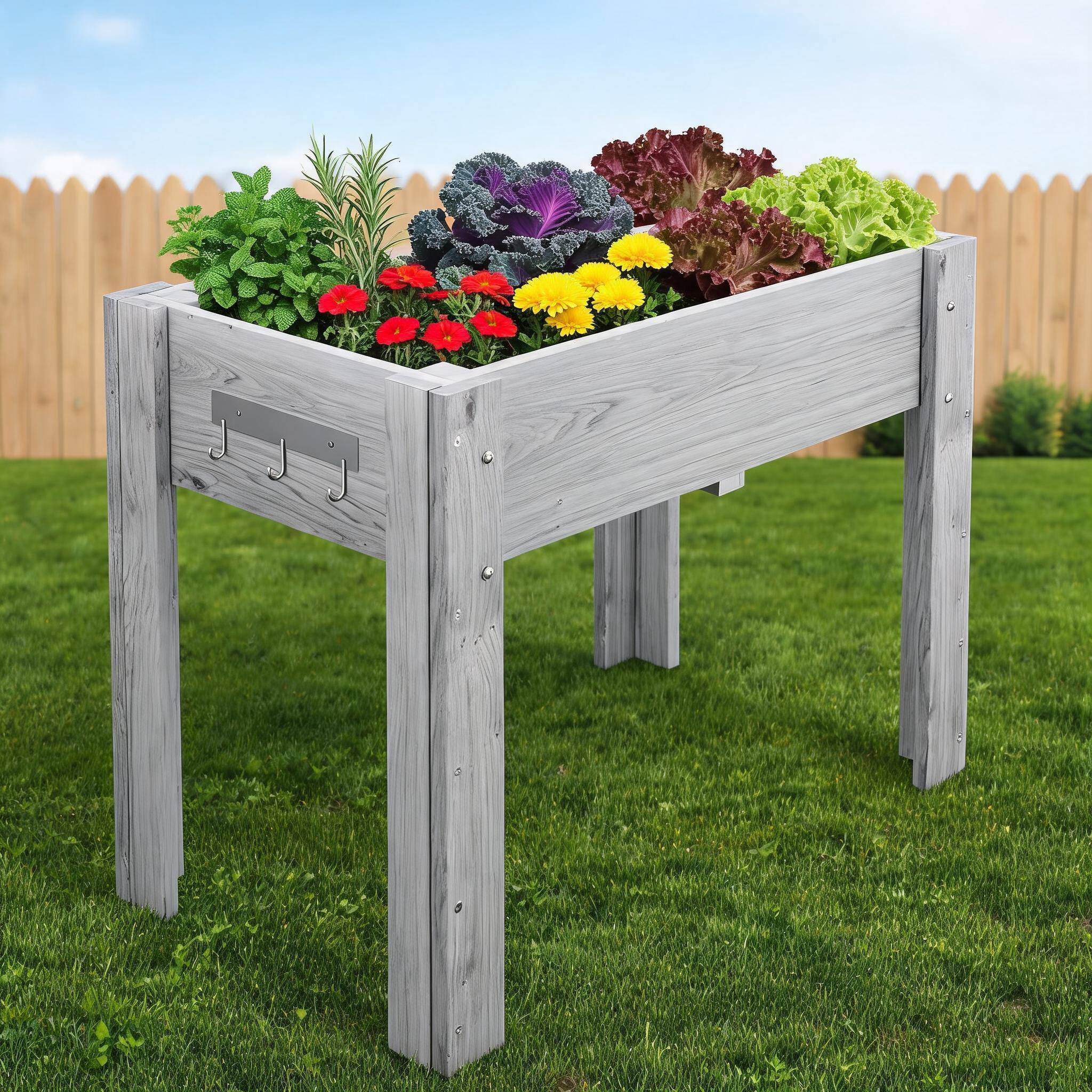 DEXSO 34 X 18 X 30 Inch Raised Garden Bed with Legs and Hooks for Outdoor Growing Vegetables and Herbs Elevated Wood Planter Box Stand Gray #NOVA-JA7A1A2K9F