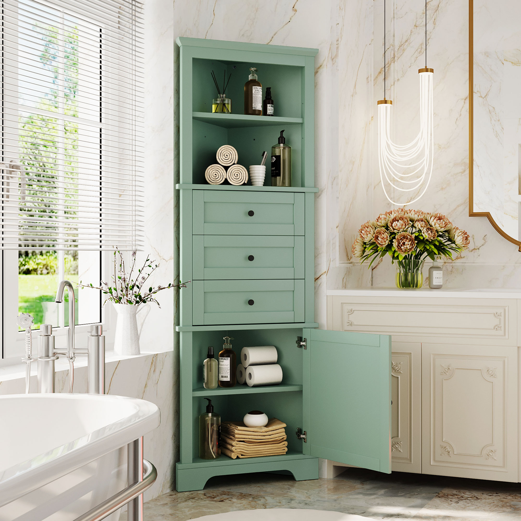 LUXEYARD Green Triangle Tall Cabinet with Drawers and Adjustable Shelves for Bathroom Kitchen or Living Room MDF Board with Painted Finish