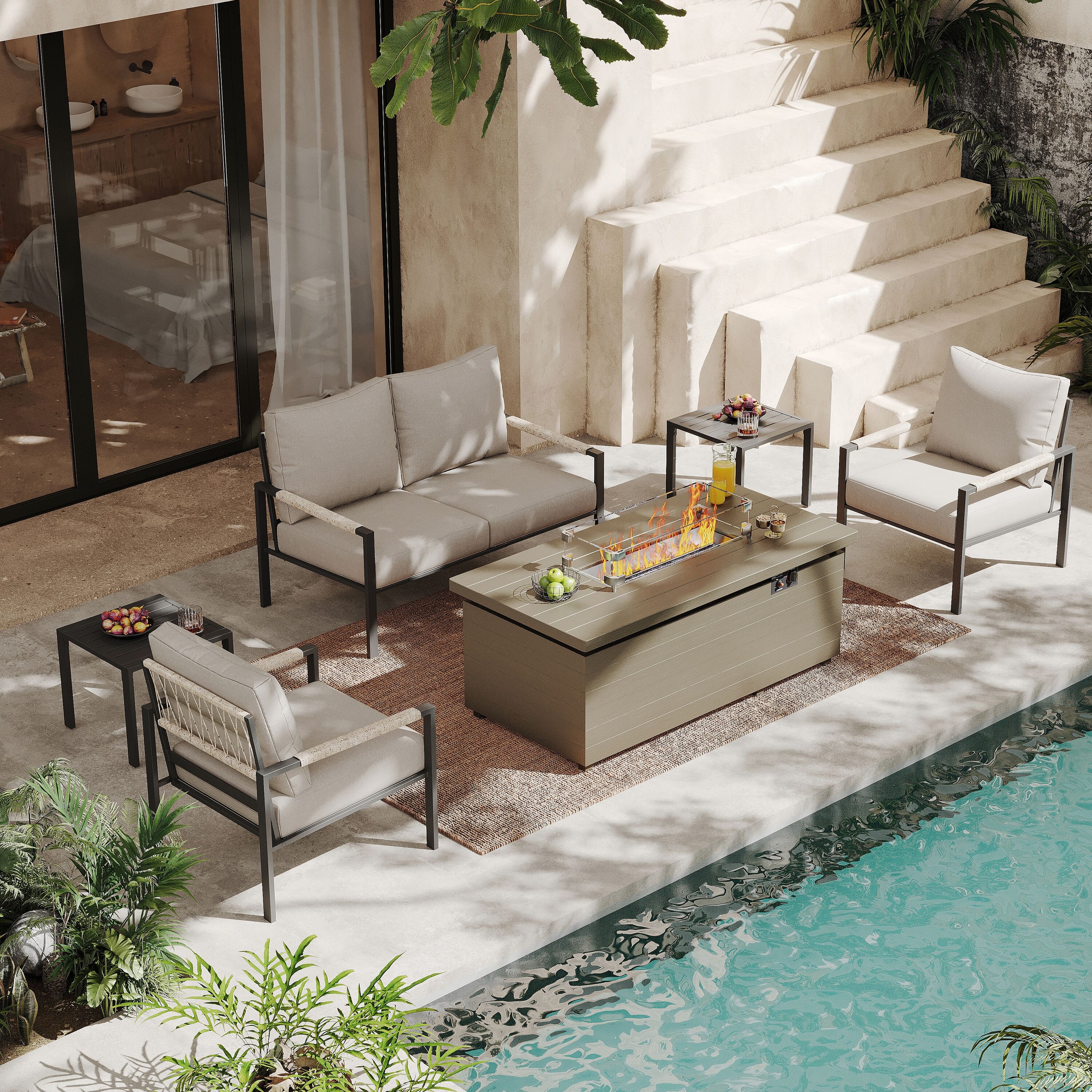 AURA OUTDOOR LS-SIS007-WG-FPSP 6 -Piece Patio Sofa Conversation Set with Light Gray Cushions