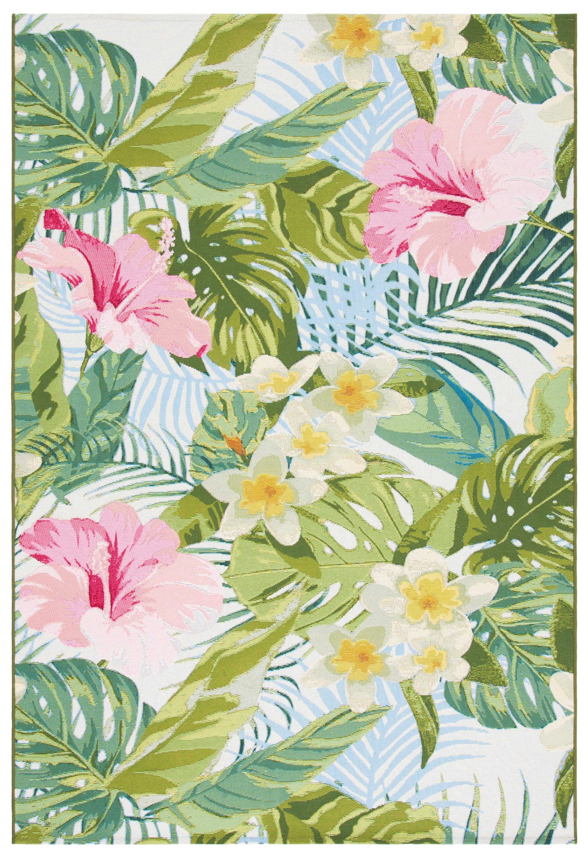 Tropical Floral Green and Pink Synthetic 4' x 6' Area Rug