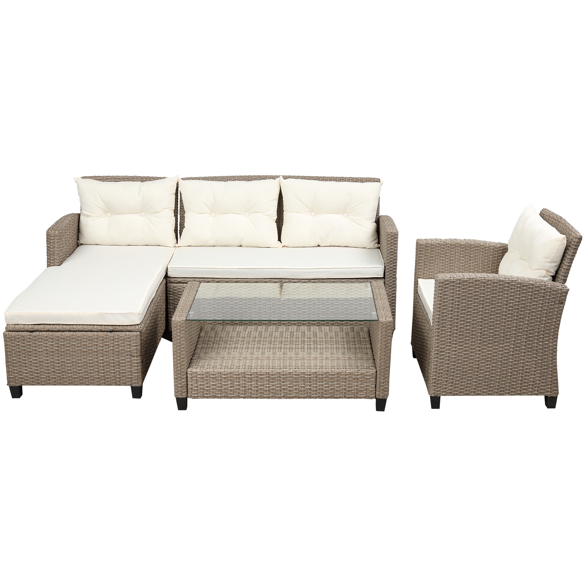 Flynama YC-V-WY0001-12AAA 4 Piece Conversation Set Wicker Rattan Sectional Sofa with Seat Cushions in Beige