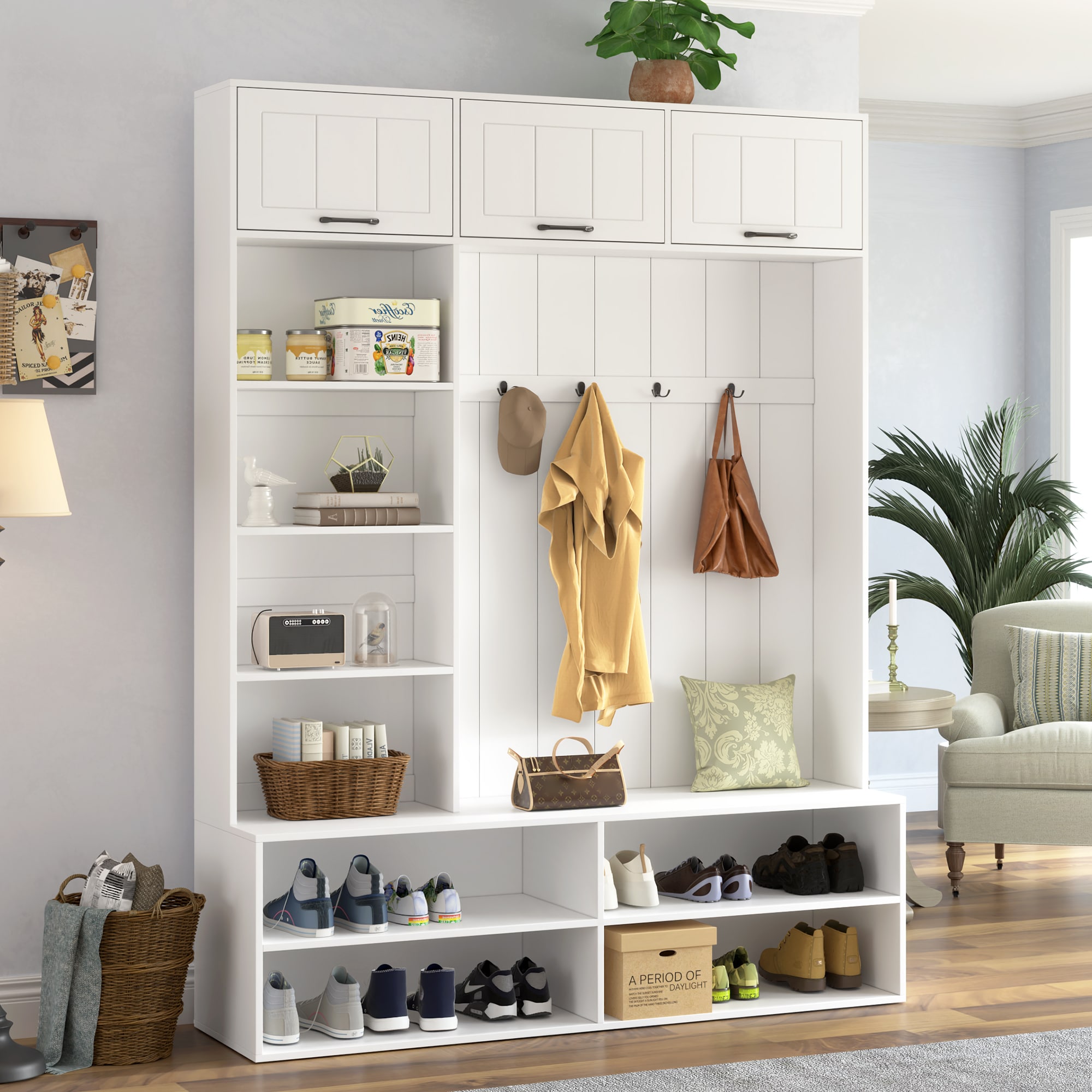 ModernLuxe - Assembly Required 76.9INCHH Farmhouse Hall Tree with Bench and Shoe Storage 5in1 Ent...