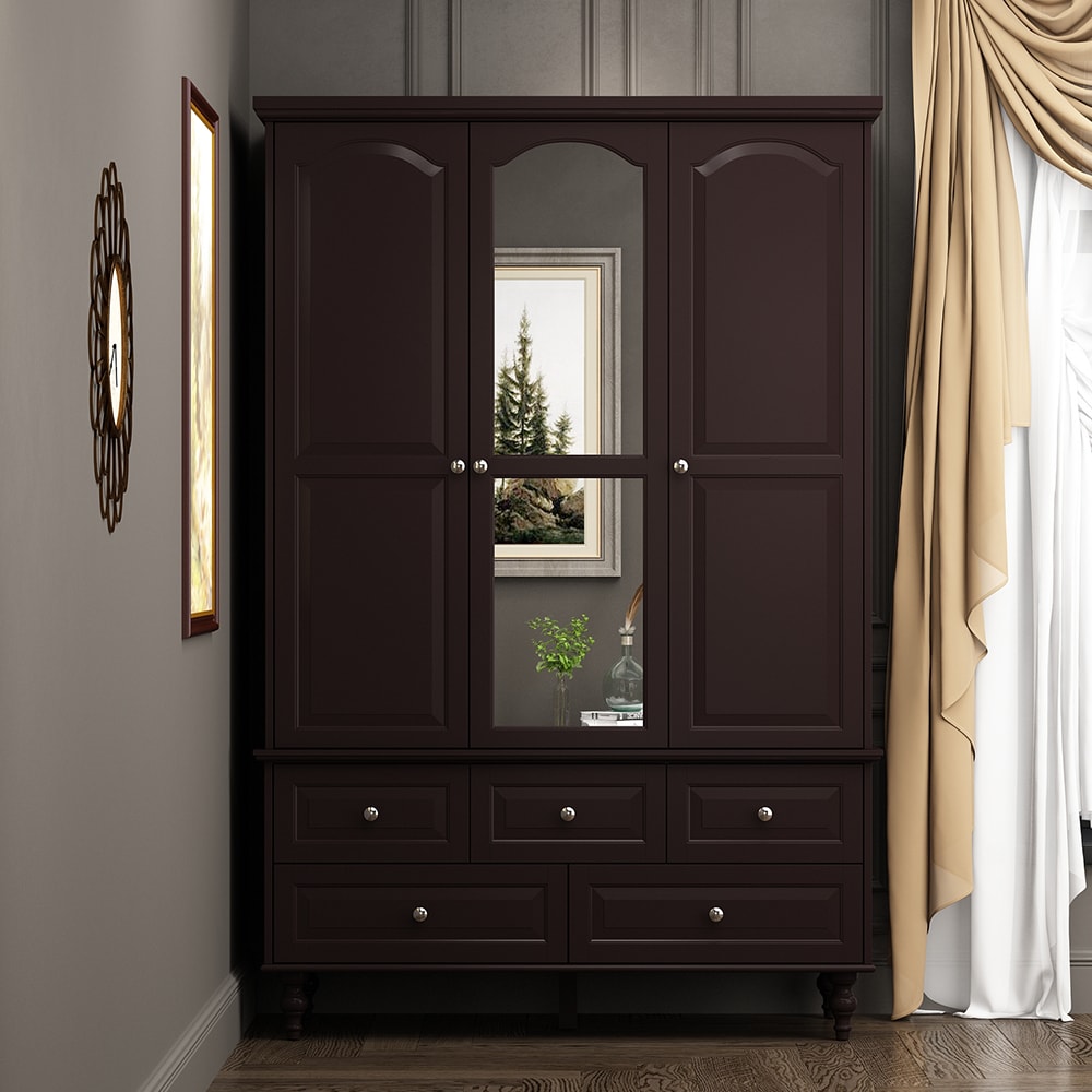 Homsee C-KF330053-03-AB Wooden Armoire Storage with Mirror Hanging Rod 3 Doors 5 Drawers and Adjustable Shelves 47.2''L x 20''W x 70.9''H Dark Brown