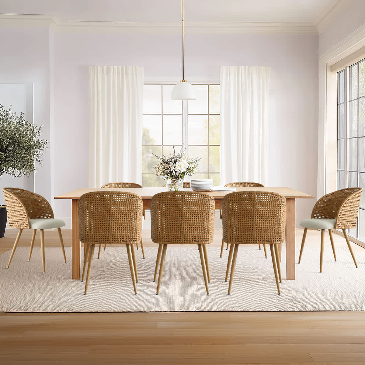 Maison Boucle GRASSE-CHAIR8 Set of 8 Beige Linen Upholstered Dining Chairs with Rattan Back Armrests for Dining Room or Kitchen