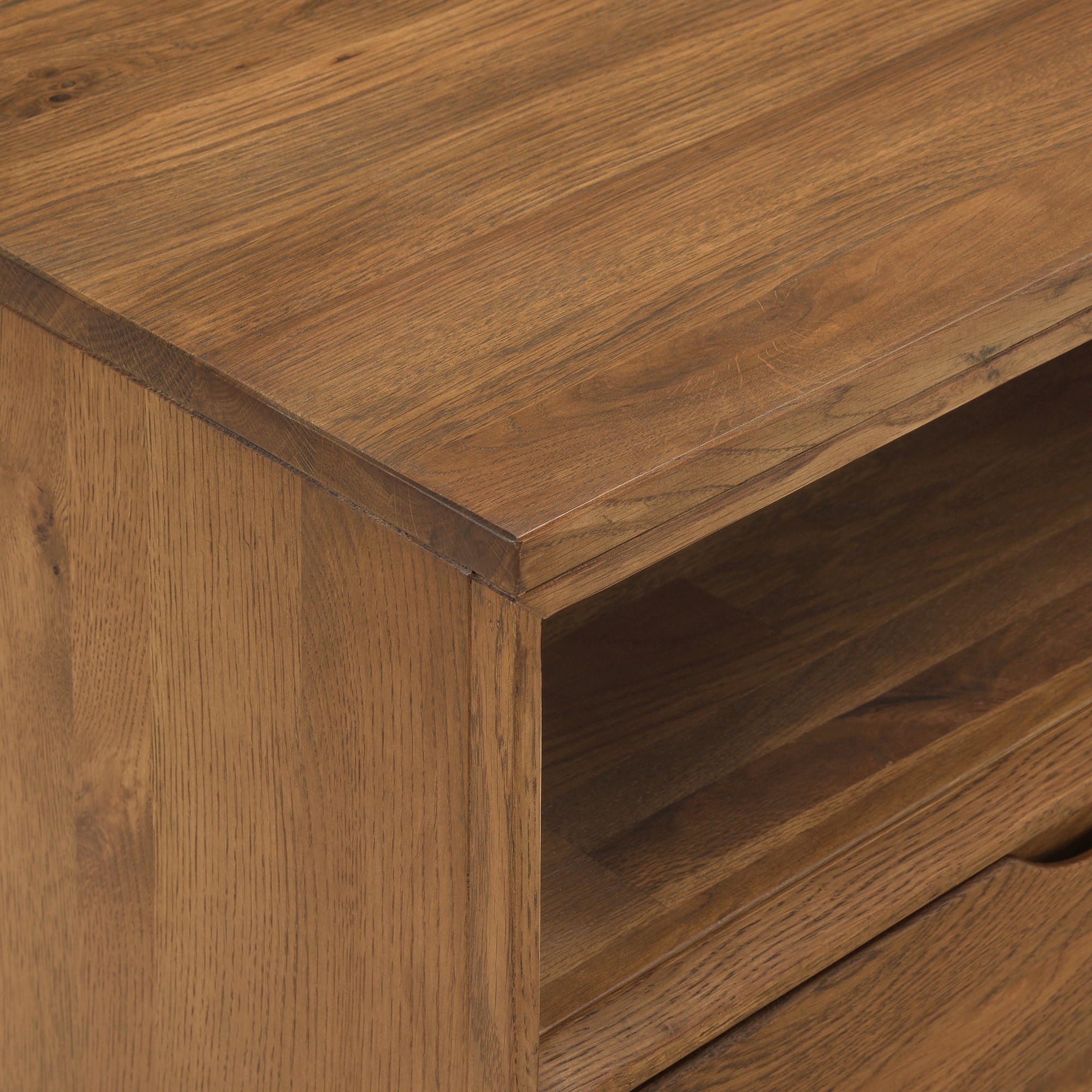 Brown Oak Wood Nightstand with Black Metal Base and Drawer