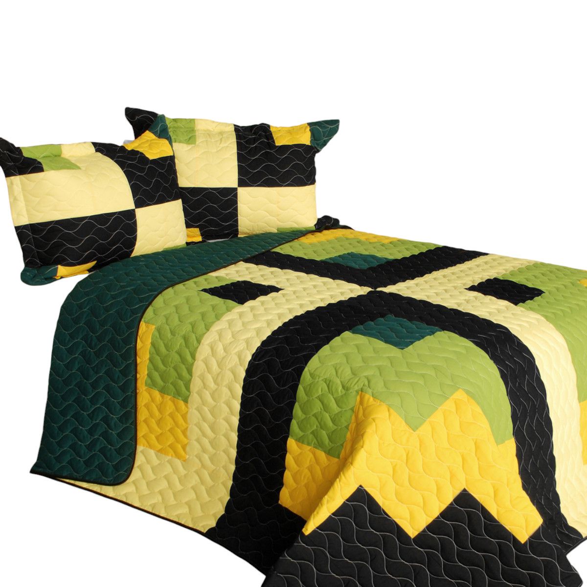 Slickblue 3 Piece TC Fabric Full/Queen Quilt Set Vermicelli Quilted Patchwork Reversible Machine Washable for Bedroom Guest Room or Dorm Room - Yellow/Multicolor