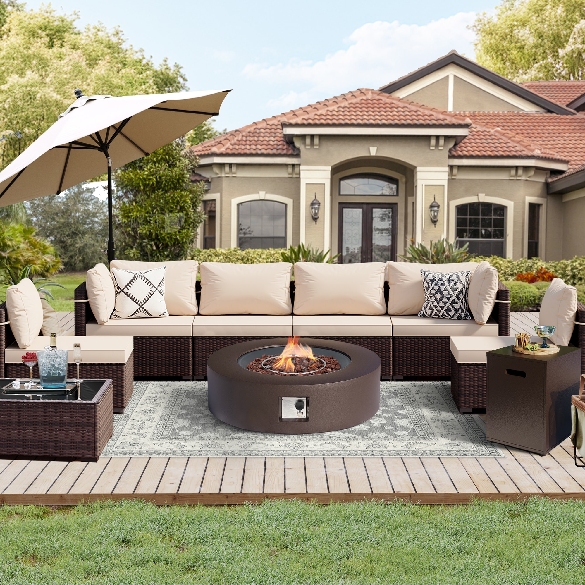 UPHA PL-2CZ-42TPBR-Z1 9-Pieces Brown Wicker Patio Furniture Set With 42 in. Round Iron Outdoor Dark Brown Fire Pit Table, Conversation Set with Beige Cushions 9 -Piece Wicker 4 Patio Sofa Conversation Set with Beige Cushions