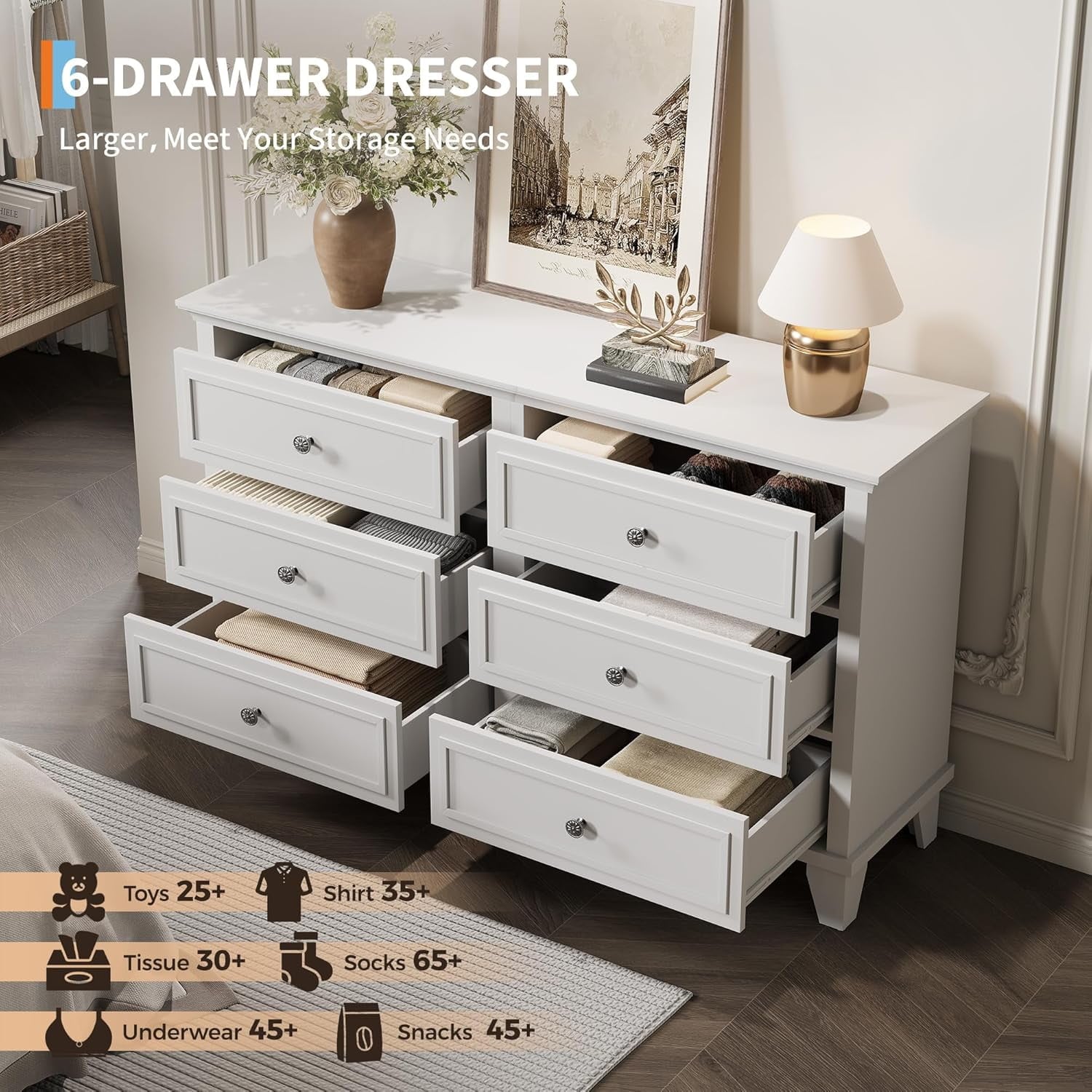 Garvee 6 Drawer Dresser Large Wide Dresser TV Stand Wooden Storage ...