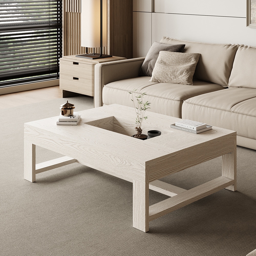 Homsee C-KF500006-01 47.2 in White Ash Wood Grain Coffee Table with Deep Recessed Top and 3D Panel Frame Modern Rectangular Design