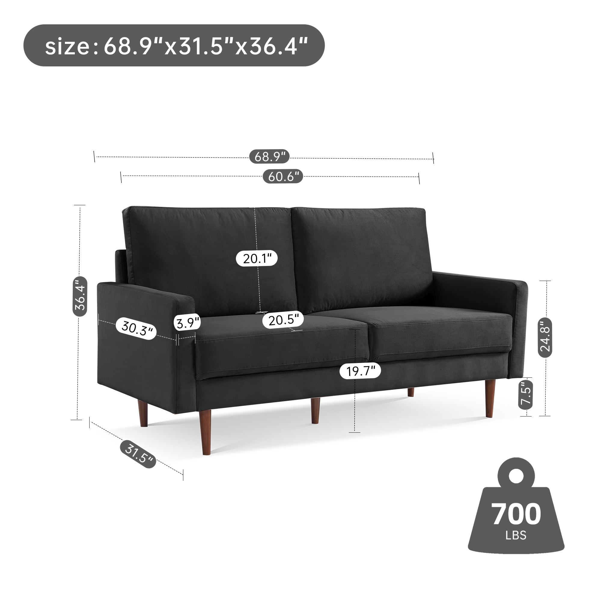 69 Inch Black Velvet Lawson Sofa with Wood Legs