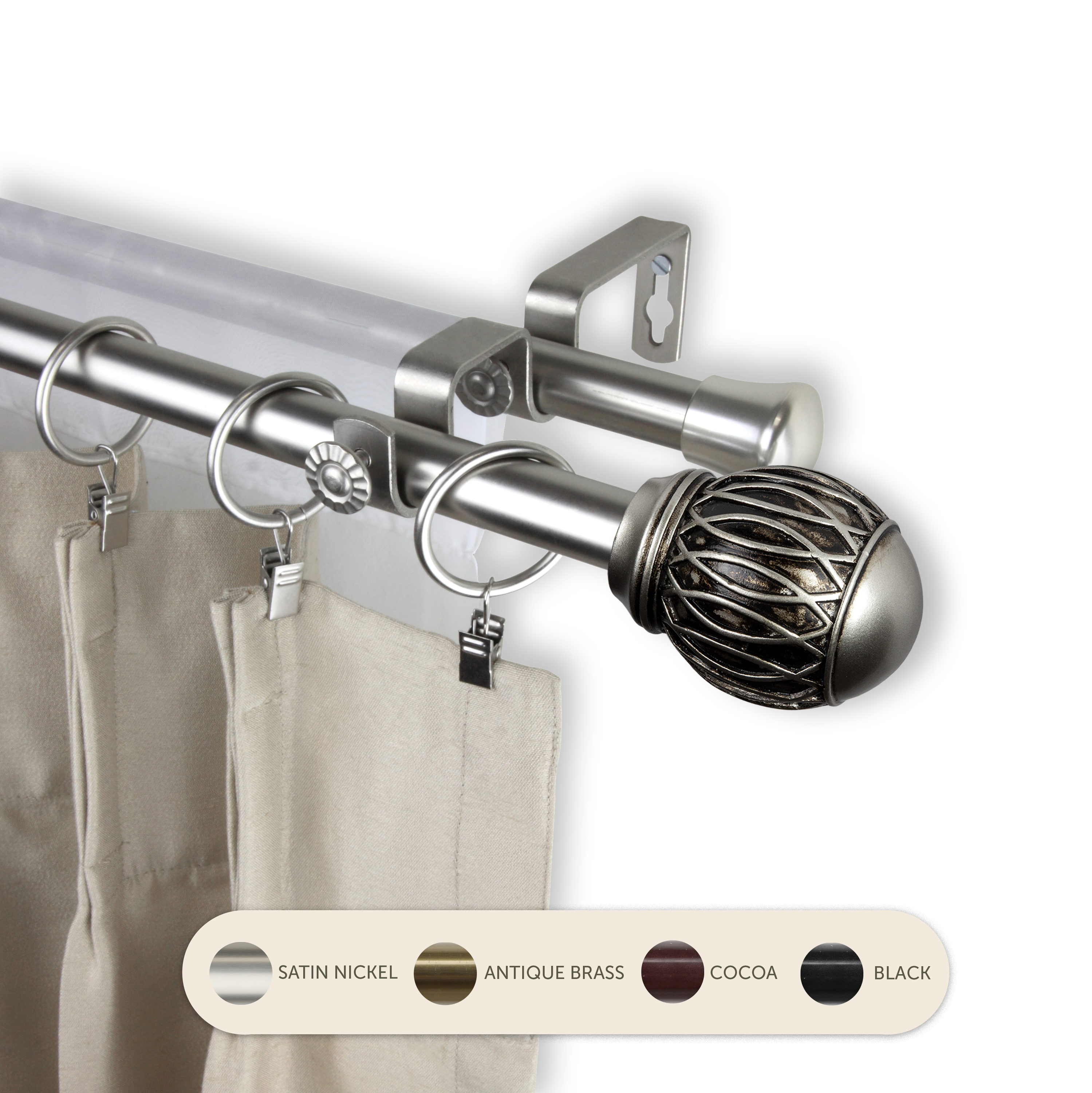 Hart & Harlow L-4780-665 Tacoma 13/16-in 66-in to 120-in Satin nickel Steel Double curtain rod with Finials