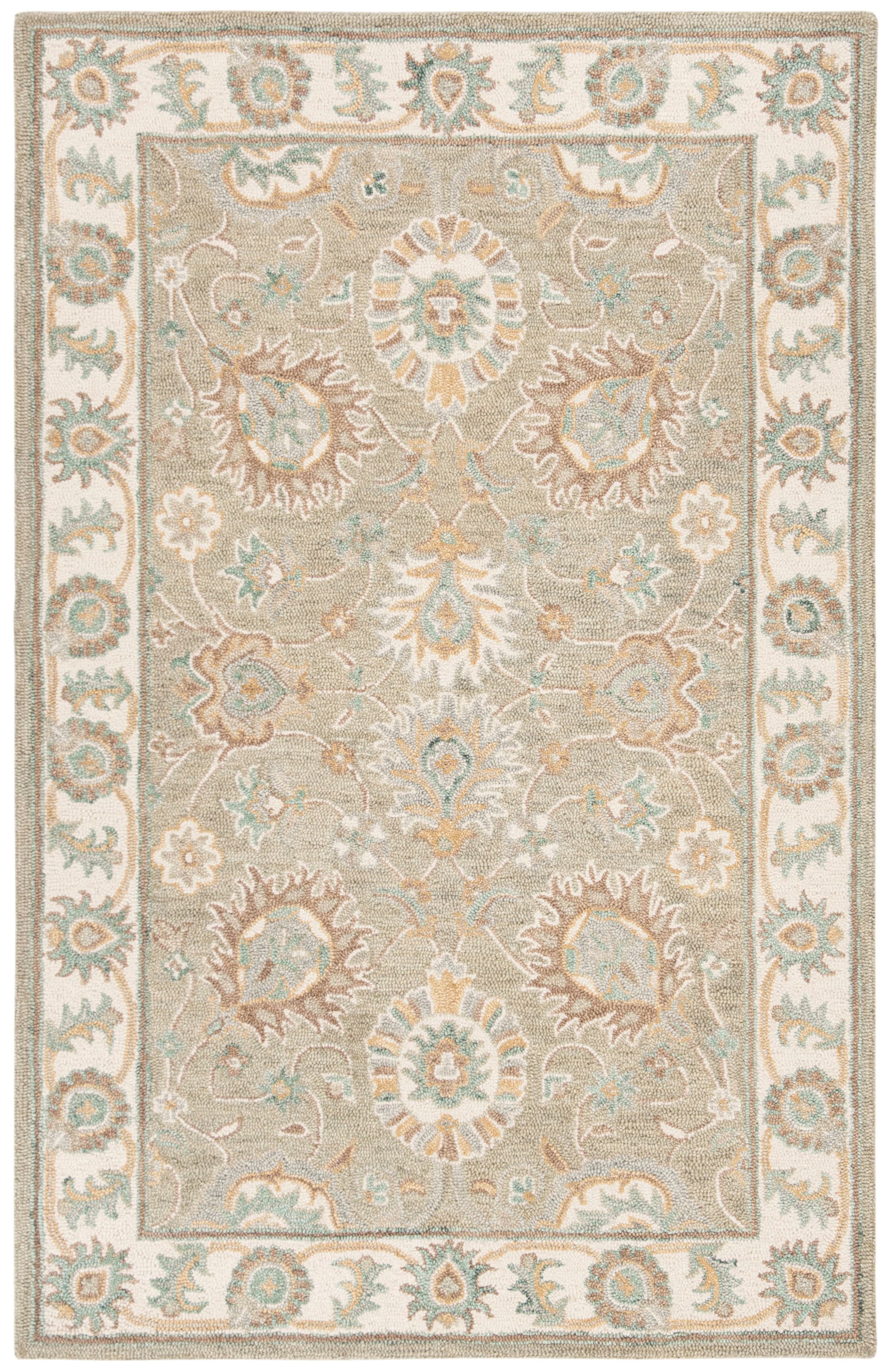 Ivory and Sage Floral Tufted Wool Area Rug 5' x 8'