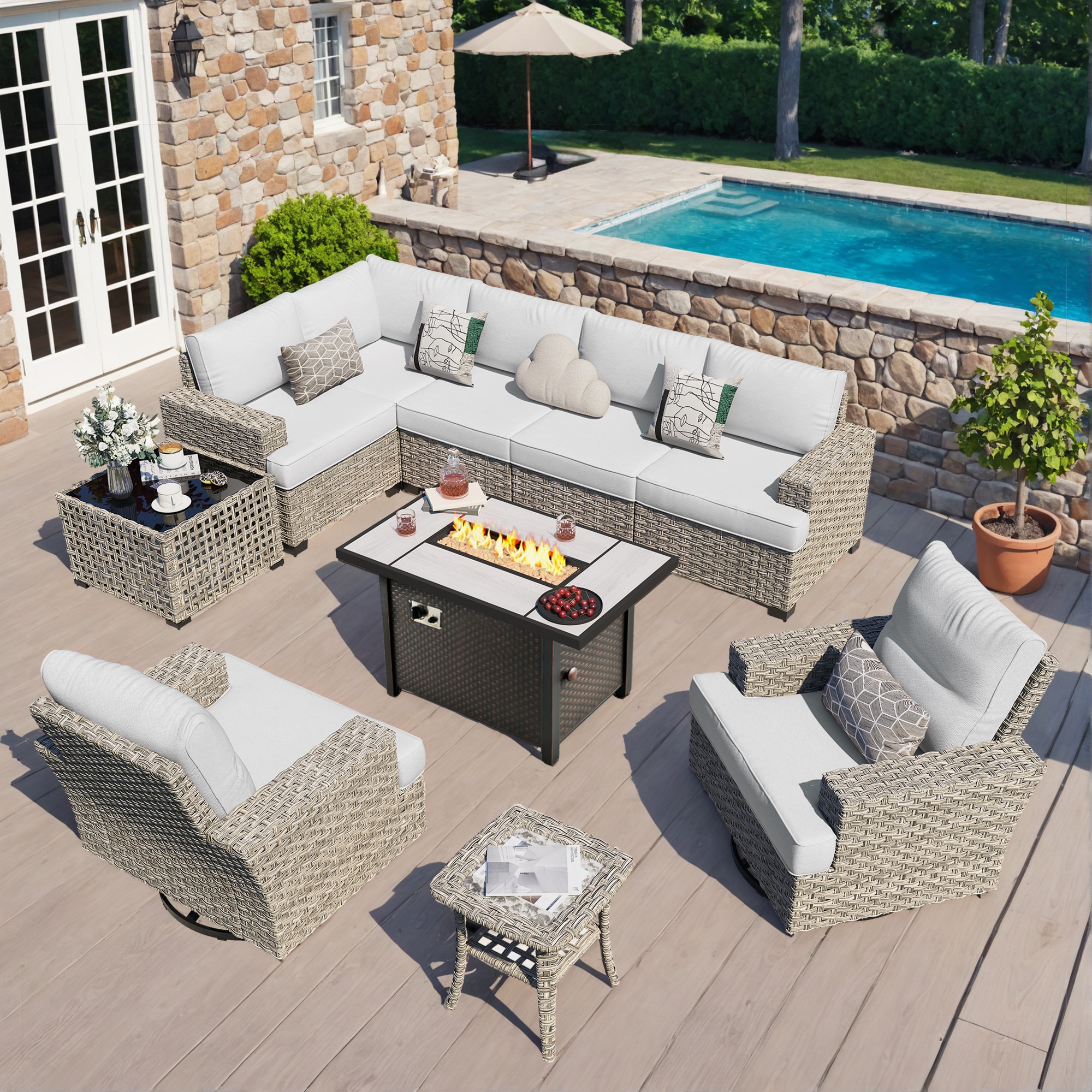 XIZZI XITBS4010C5-RC3IFP Agate 9 -Piece Rattan Patio Sofa Conversation Set with Light Gray Cushions
