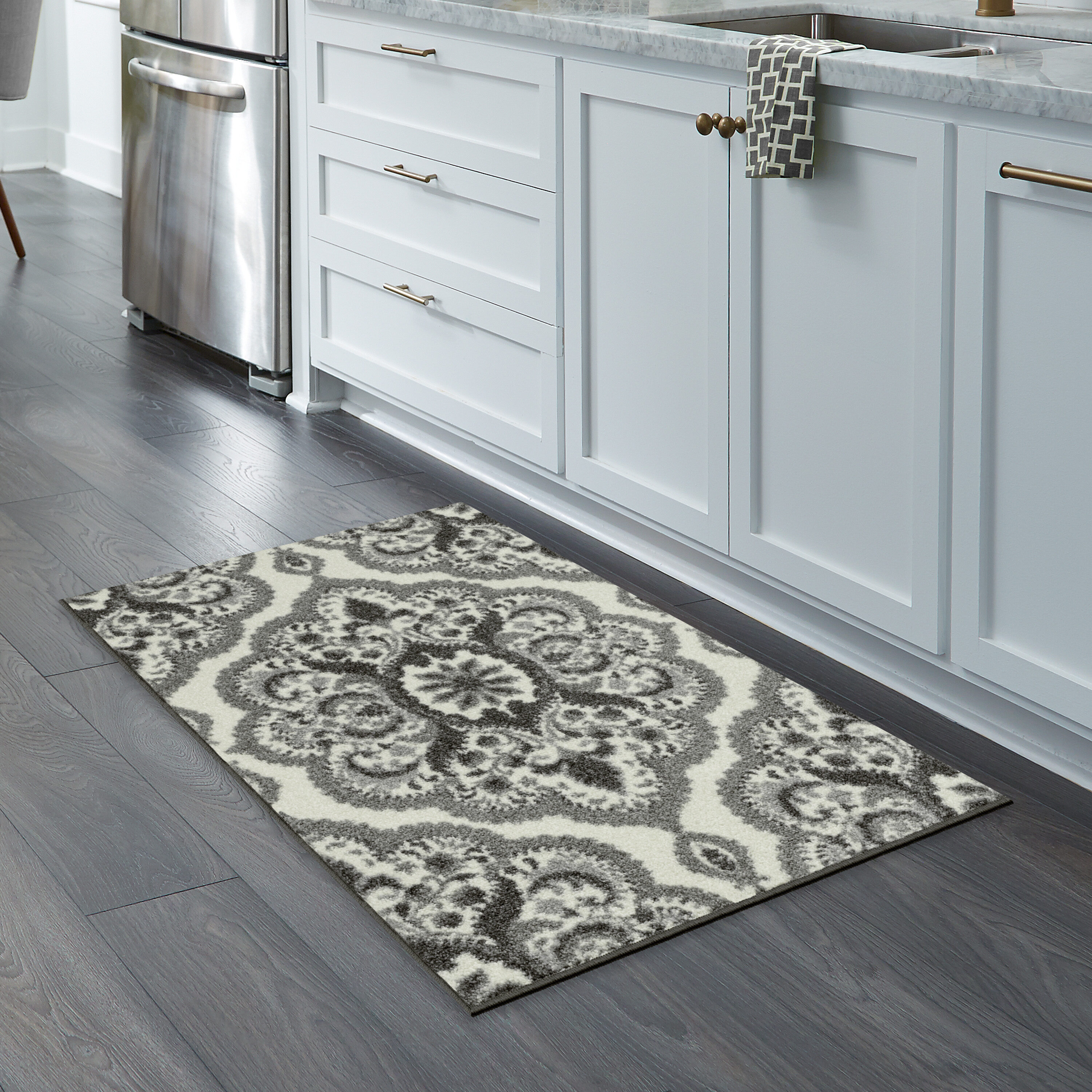 Town & Country Living Everyday Walker Damask Medallion Grey 24 in. x 72 in. Machine Washable Runner Kitchen Mat