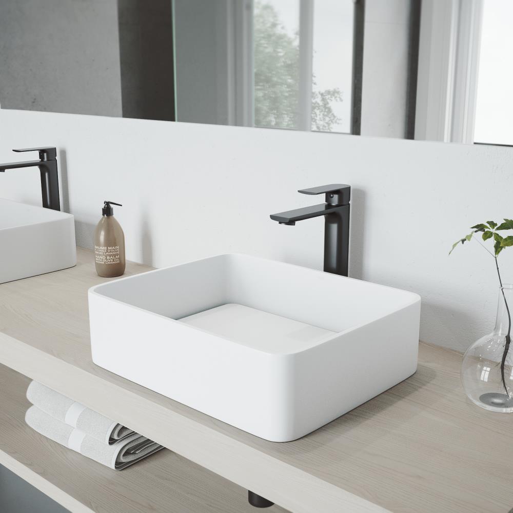 VIGO VGT1285 Vessel sink Matte White Matte Stone Vessel Rectangular Modern Bathroom Sink with Faucet Drain Included (18.125-in x 14.625-in)