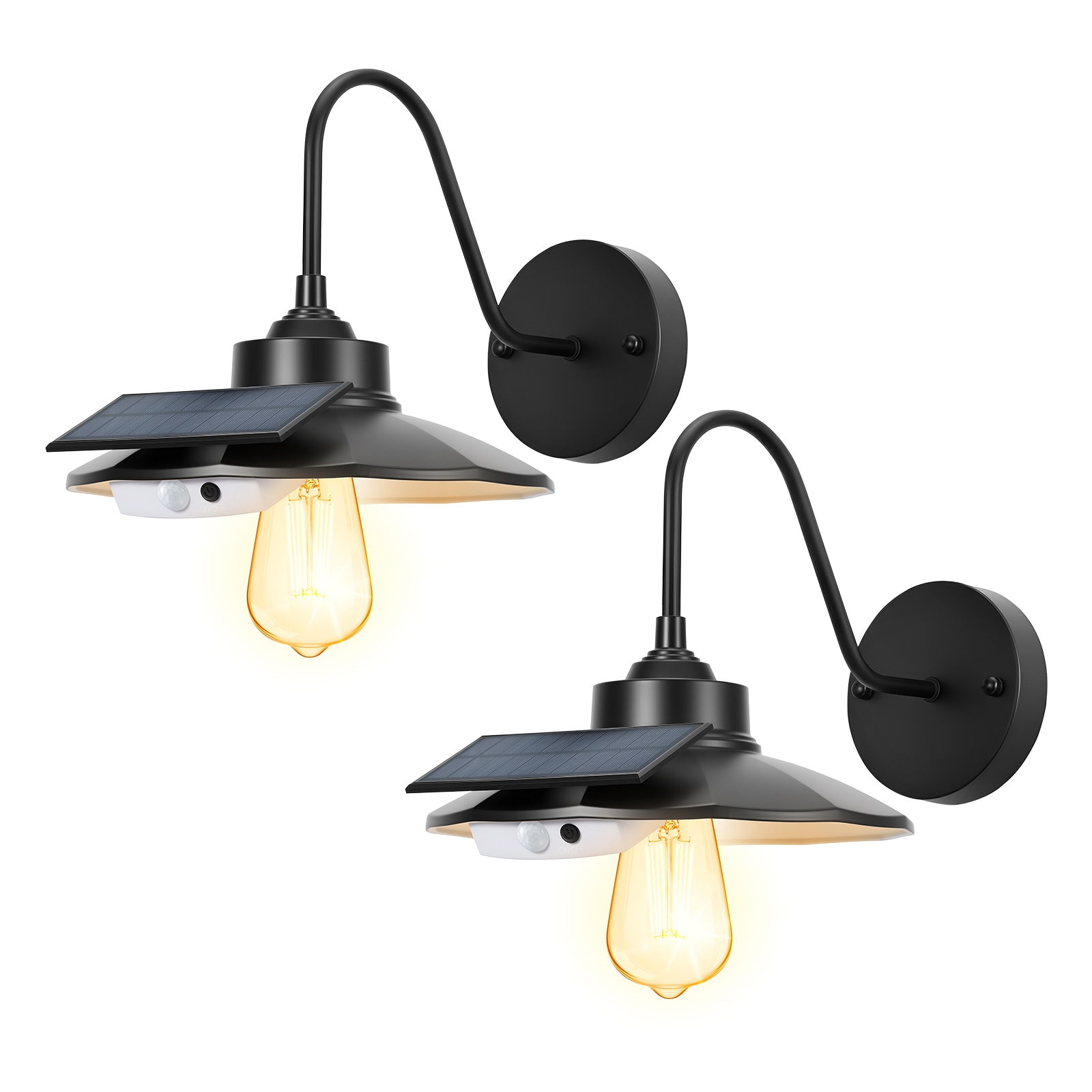 GIVIMO 2-Pack Solar Gooseneck Barn Light Motion Sensor 3 Mode E27 Outdoor Wall Sconce Wireless Cast Iron for Shed Barn Driveway Gate Off Grid Cabin