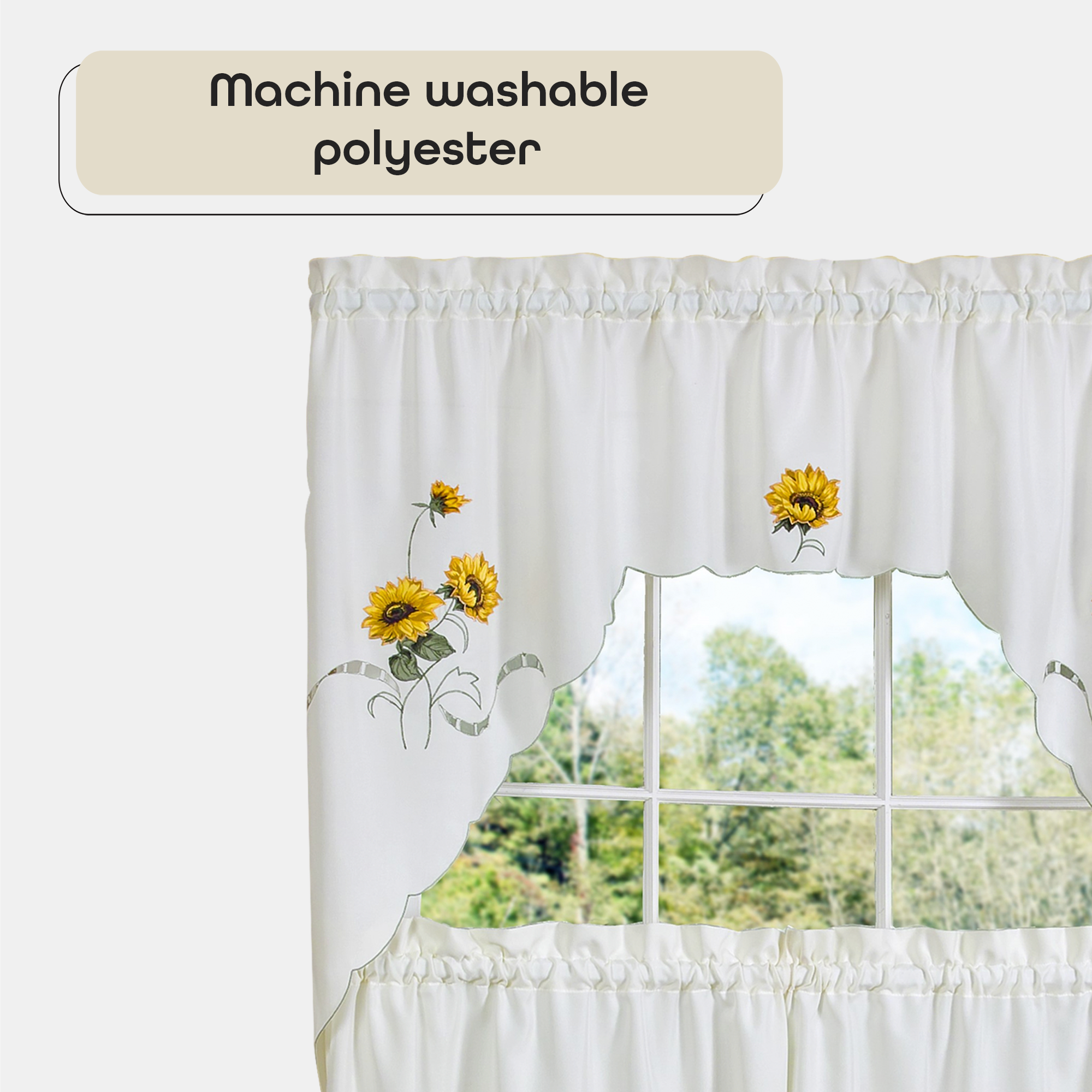 White and Yellow Sunflower Embellished Tier Curtain Set