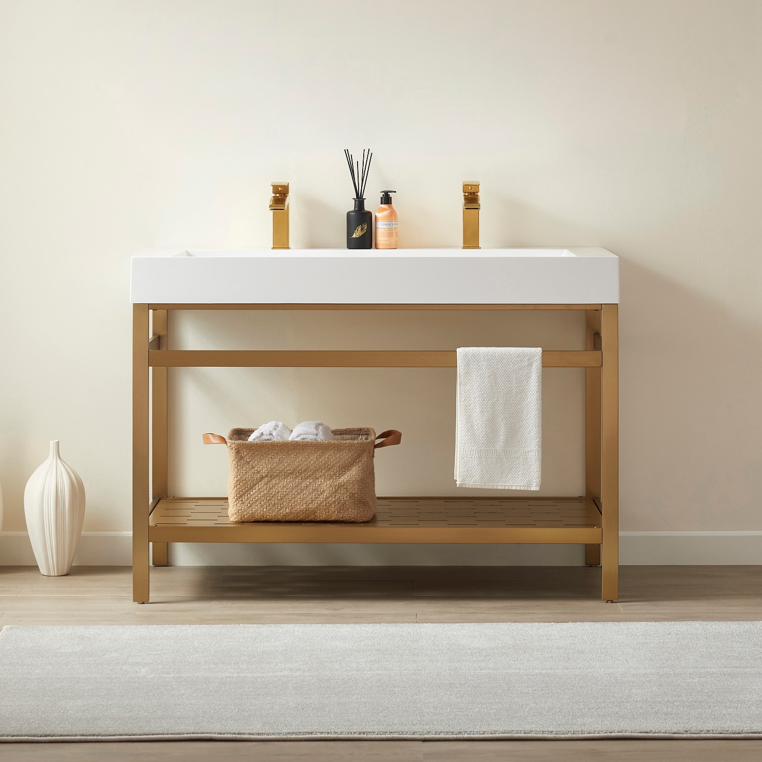 Soria 48-in Brushed Gold Stainless Steel Single Sink Bathroom Vanity with White Engineered Stone Top | - Vinnova 702648-BG-WH-NM
