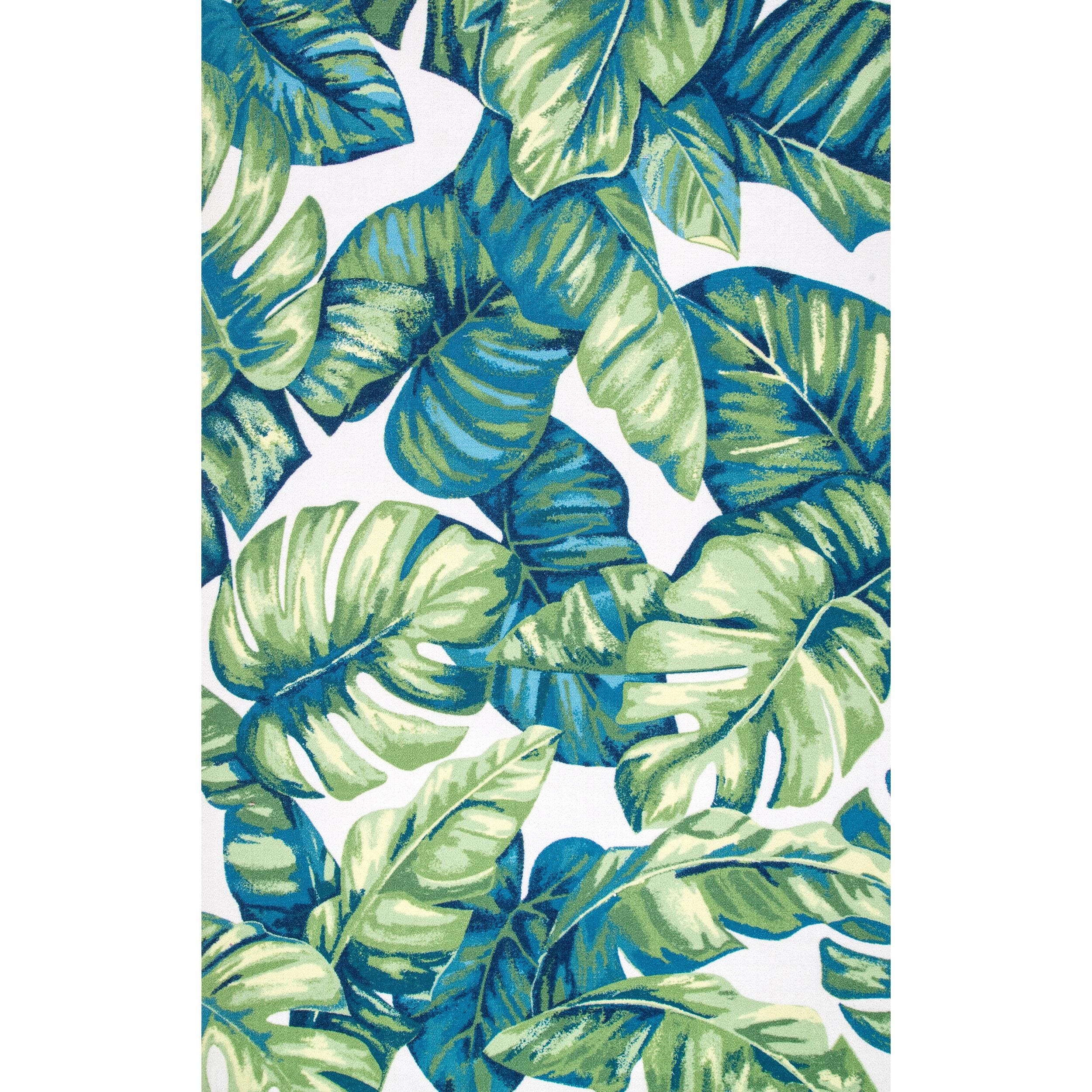 Tropical Leaf Design Blue Synthetic Square Indoor/Outdoor Rug