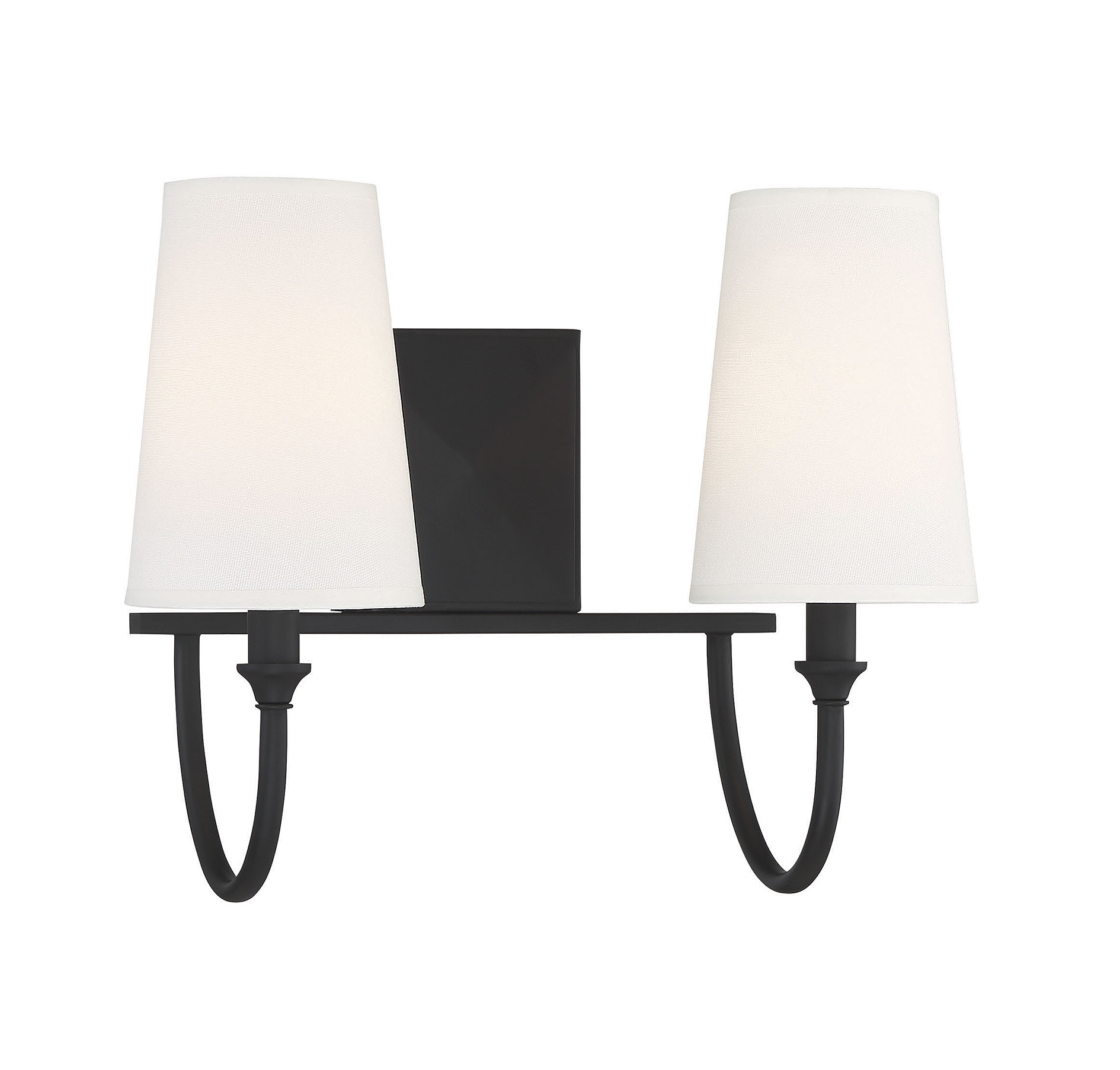 Cameron Matte Black 2-Light Vanity with Tall White Fabric Shades