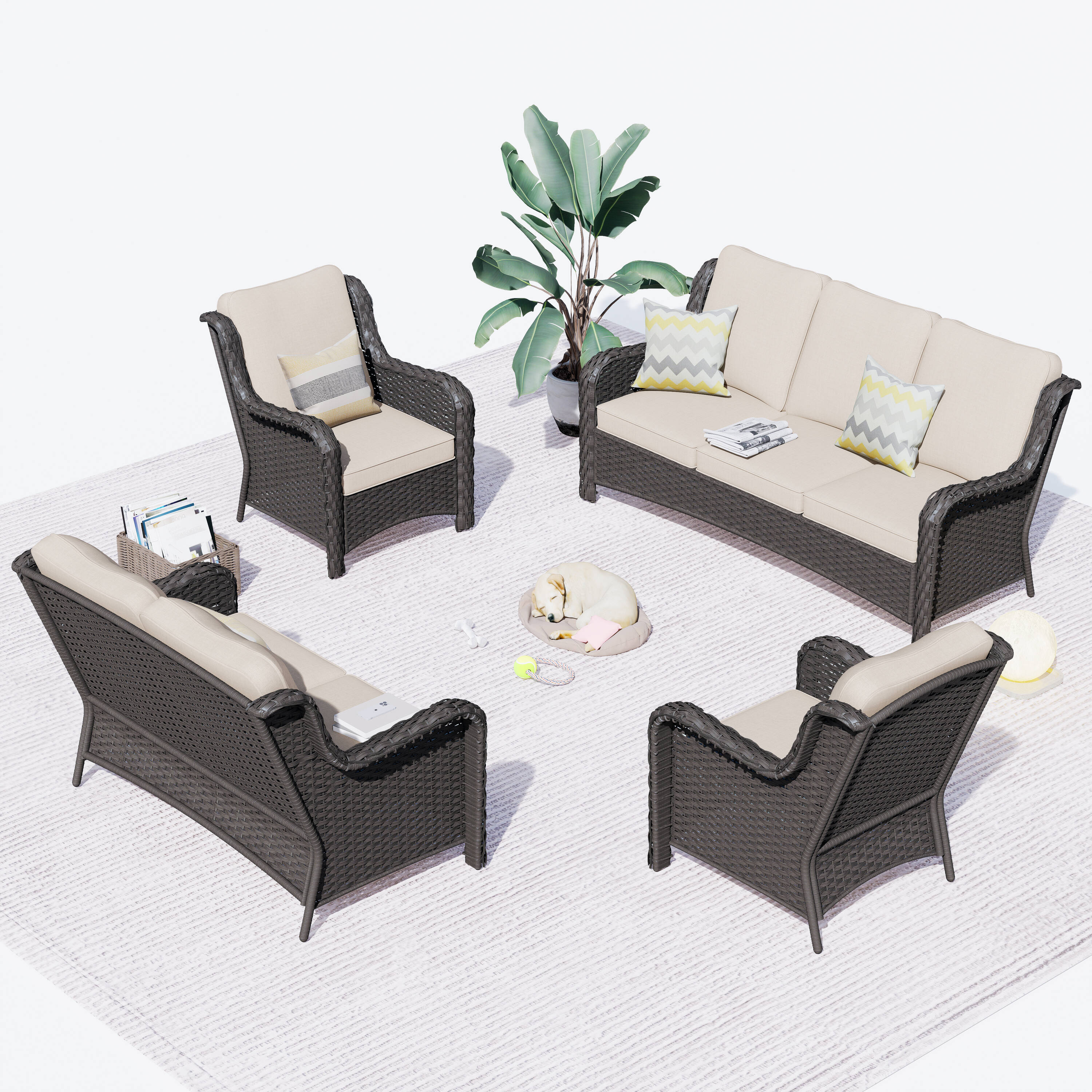Ovios NTC6-602 4 -Piece Wicker Patio Sofa Conversation Set with Beige Cushions