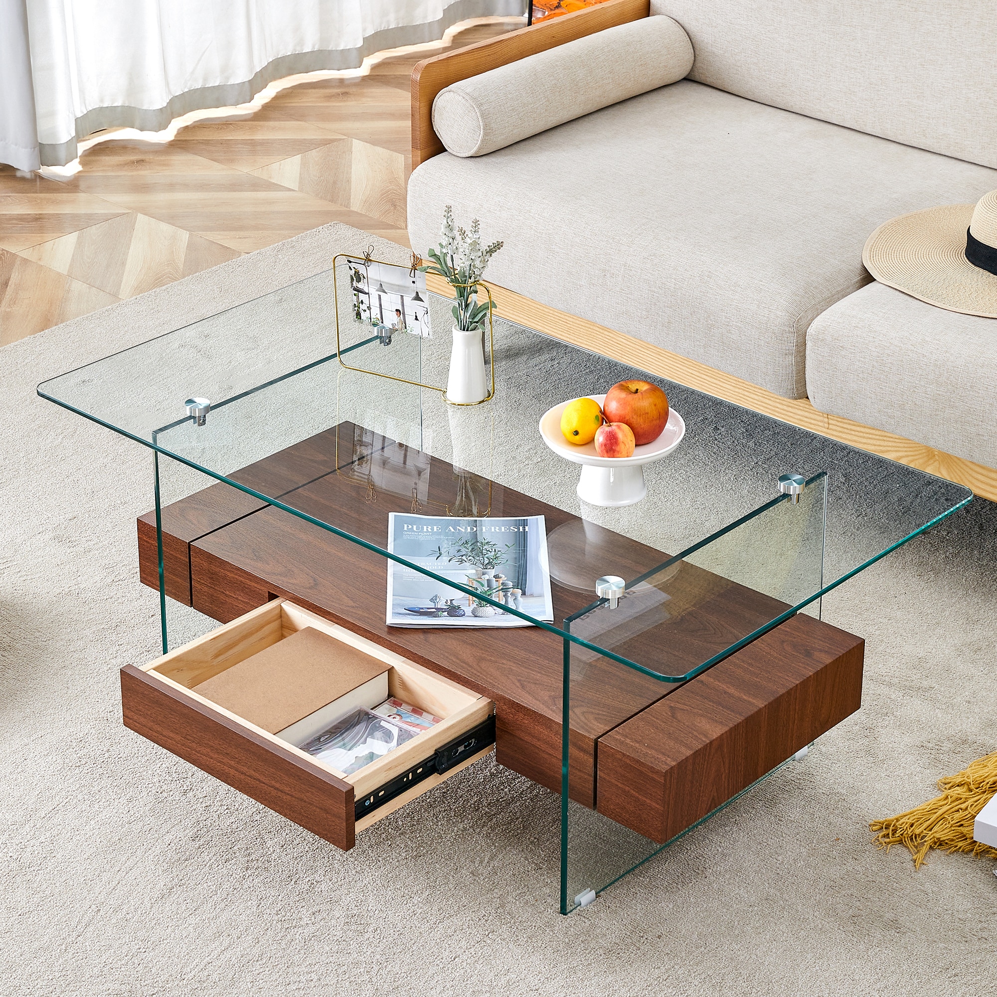 LOVMOR SF-Y-W1512P353548 43.3 Inch Modern Two-Tier Coffee Table - Clear Tempered Glass and Walnut Grain Texture Multifunctional Storage Design.The bottom tier includes a drawer.Can be used as a coffee tableside tableetc.