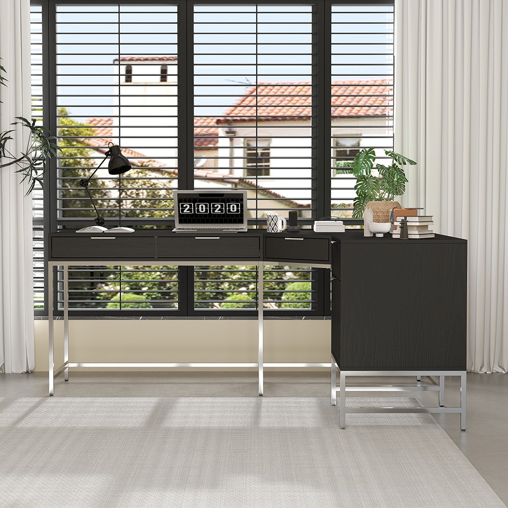 Homsee C-KF210346-01-AB Black L-Shaped Computer Desk with File Cabinet and Drawers 71 in. Executive Corner Desk with Metal Frame