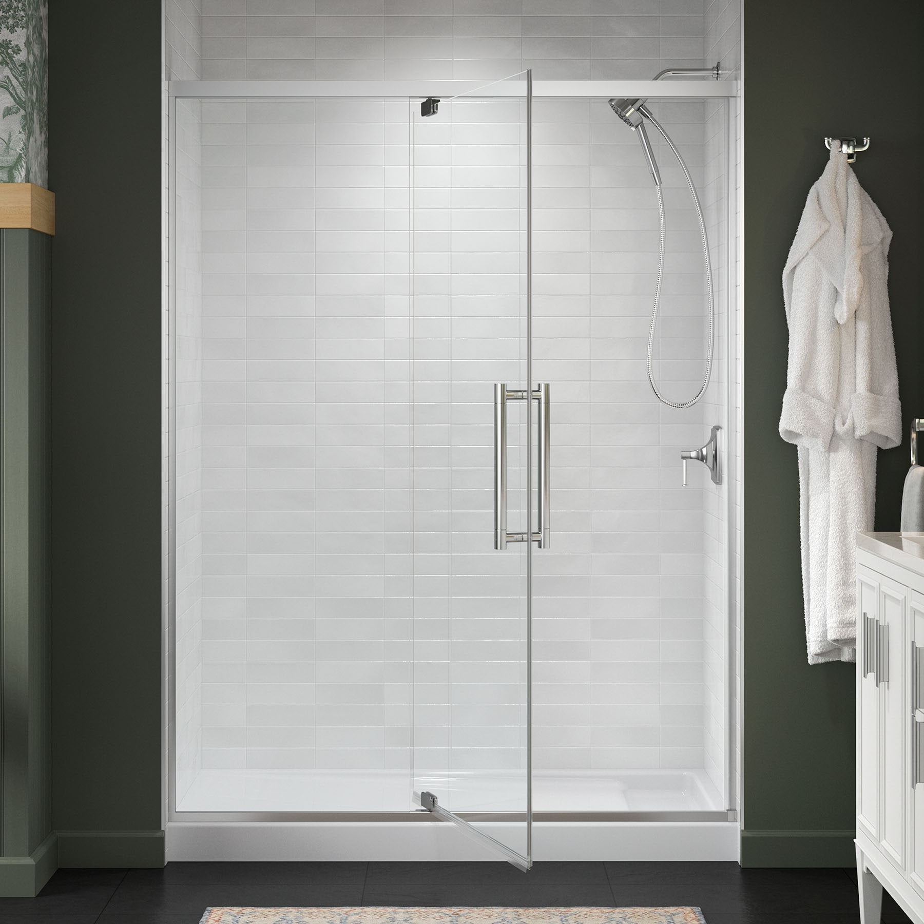 KOHLER 702477-8L-SHP Premise Bright Polished Silver 55-in to 60-in W x 76.06-in H Frameless Pivot Soft Close Shower Door 5/16-in Thick Clear Glass