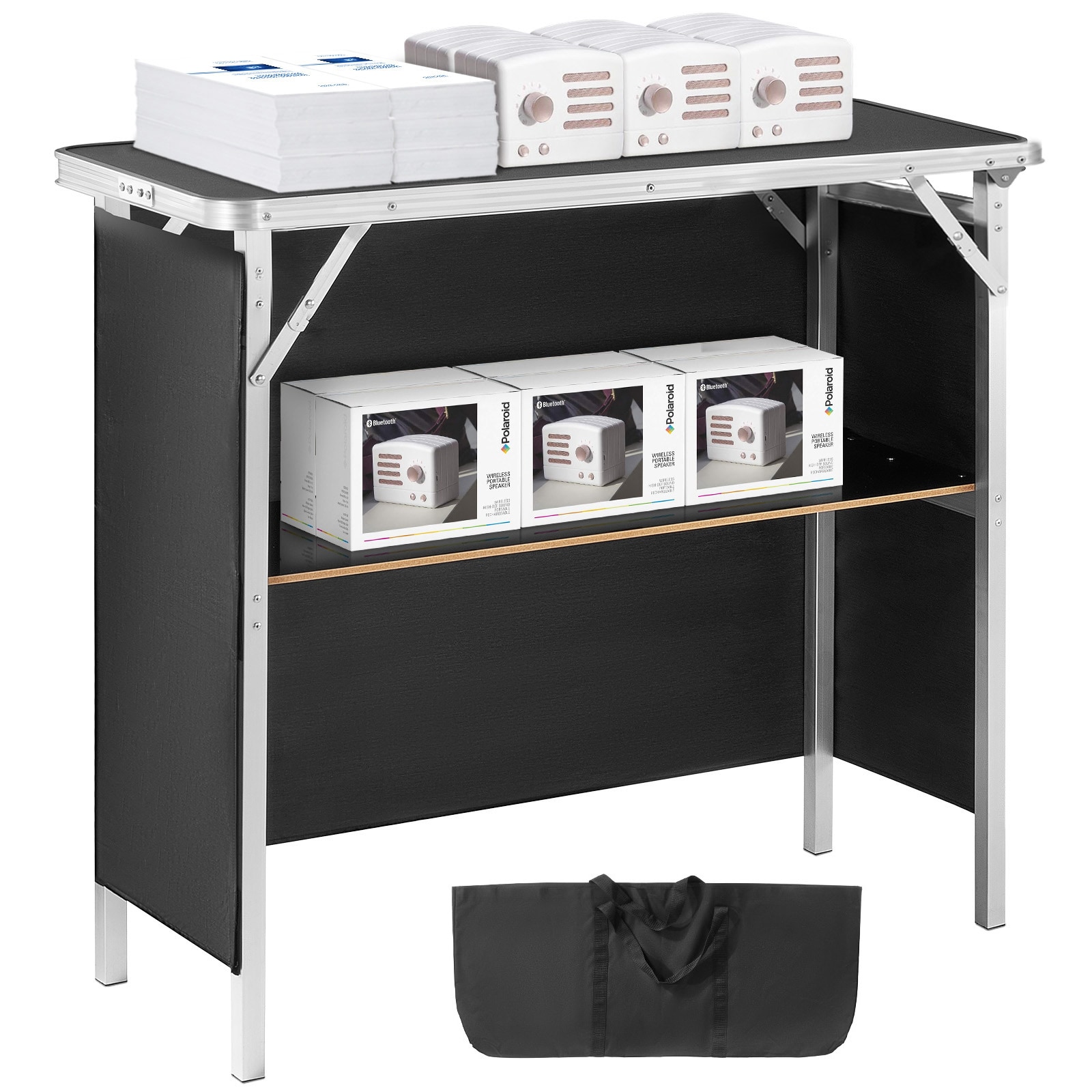 SVOPES SVOPESLSZST2004787V0 Folding Portable Bar Table. Tradeshow Podium Table For Indoor. Outdoor. Party. Picnic. Exhibition. Comes with Carrying Case. Storage Shelf and Black Skirt. 38.39Inch X 15.16Inch X 34.25Inch